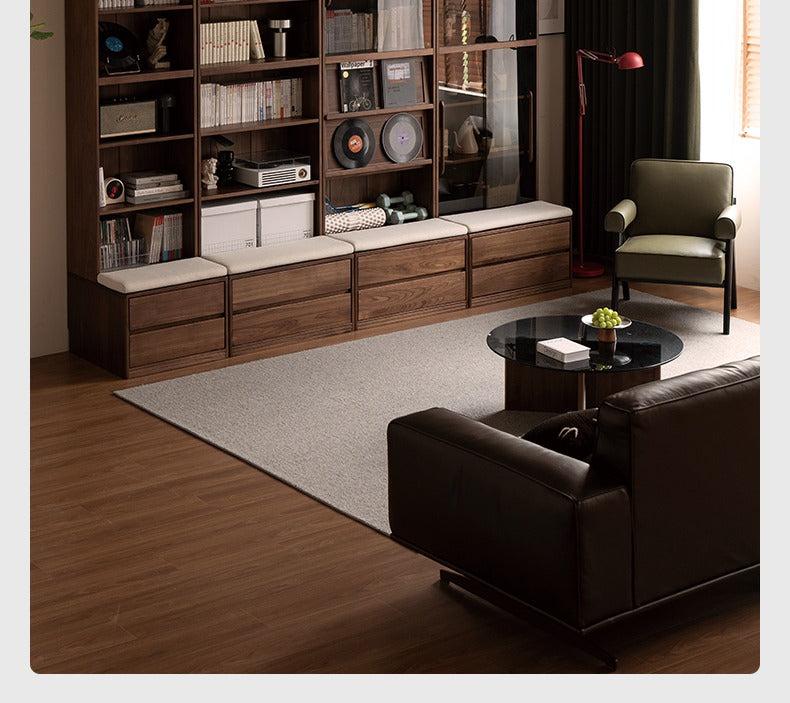 Solid Black Walnut Wood Wall-to-Wall Bookshelf with Built-in Seat - Modern Luxury Home Office & Living Room Storage Solution