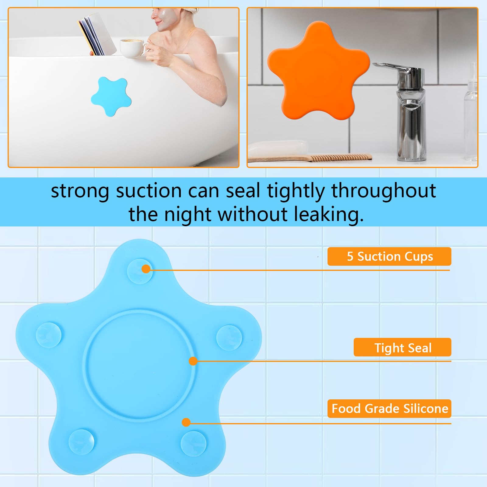 Molain 2 Pack Silicone Bathtub Drain Stopper - Hair Catcher & Flat Suction Cover for Kitchen, Bathroom & Laundry (Blue & Orange) - Perfect for Bath, Sink & Shower Drain Protection