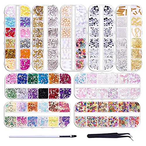 Layhou Nail Art Decorations Set - 9 Boxes Flat Back Gems, Rhinestones, Glitter & Sequins with Pick Up Tweezers & Nail Pen for DIY Manicure | Perfect for Salon, Home Nail Art & Party Glam Looks
