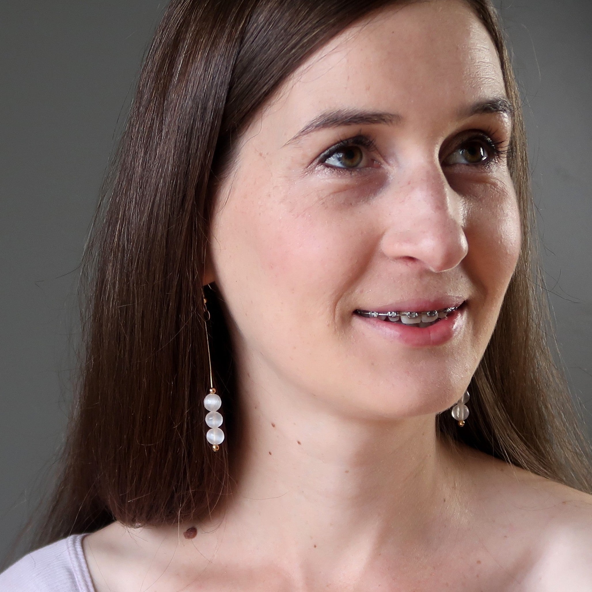 Selenite Earrings for Women - Radiant White Beads with Gold Plated Long Dangle Drop | Healing Crystal Jewelry for Meditation, Yoga & Spiritual Gifts