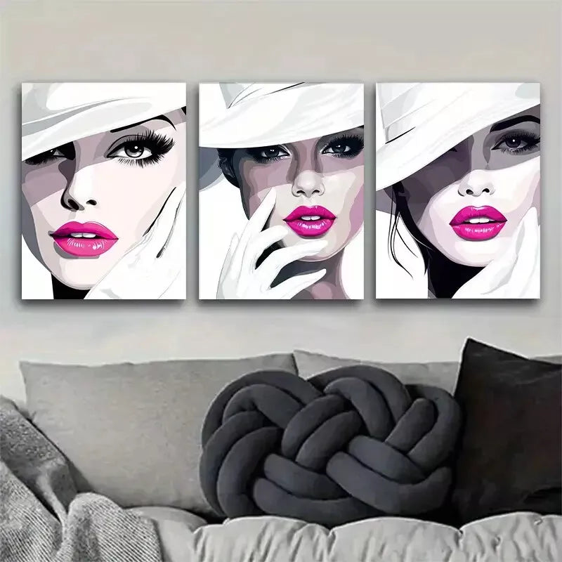 3-Piece Stylish Fashionista Faces Triptych Wall Art Set - Framed Canvas 40x60cm (16x24in) - High Quality Print, 100% Australian Made, Ready to Hang - Perfect for Living Room, Bedroom & Office Decor
