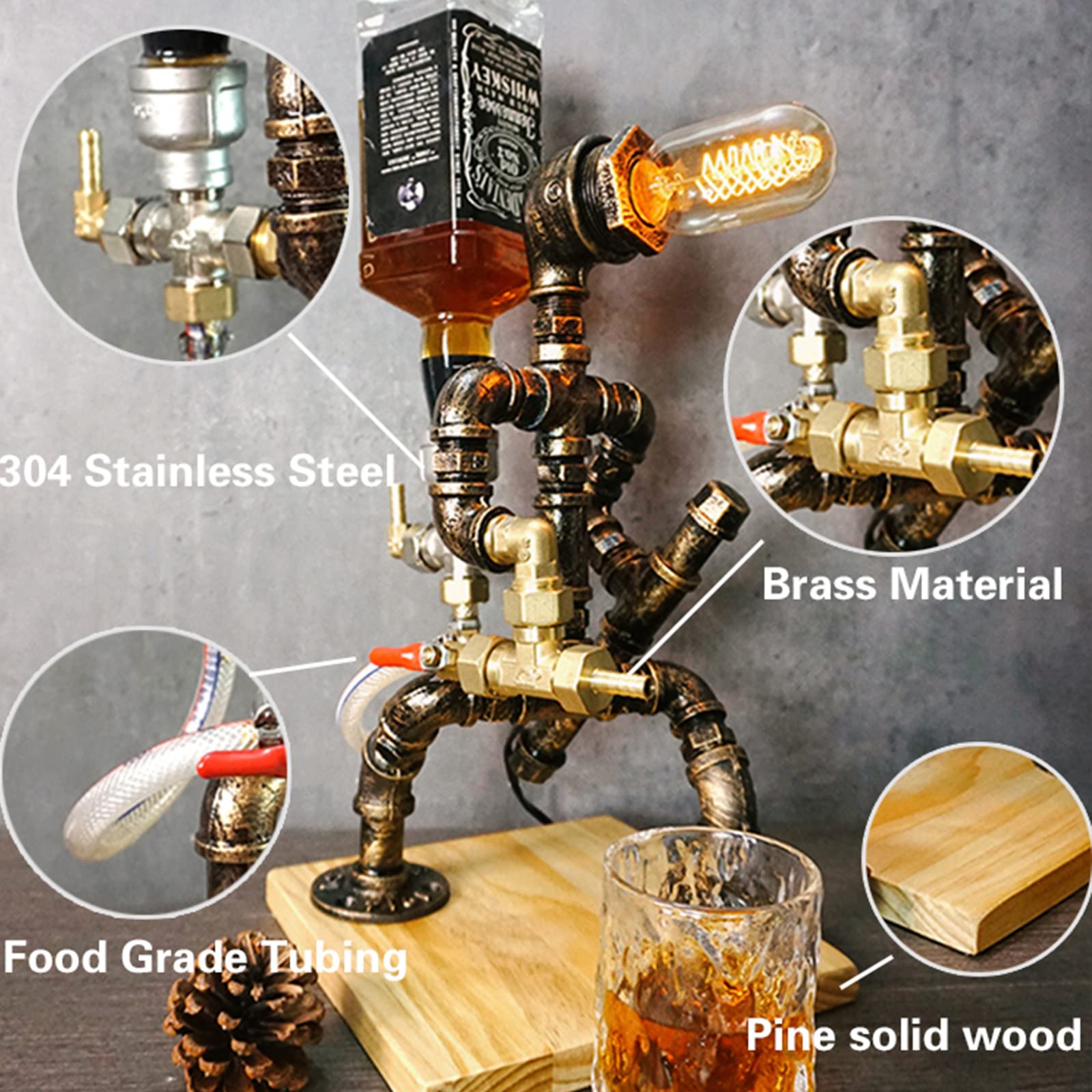 Steampunk Whiskey Liquor Dispenser with Wooden Base - Industrial Table Lamp & Fireman Pipe Robot Decor for Home Bar, Restaurant, Cafe - Unique Man Cave & Rustic Style Gift for Men - Perfect for Art Parties, Themed Events & Vintage Decor