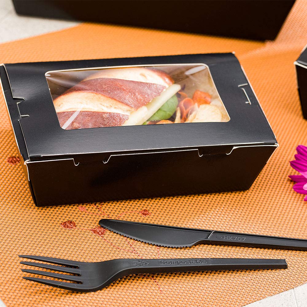 Restaurantware Cafe Vision 21oz Disposable Takeout Food Containers - 200 Pack Black Paper To-Go Boxes with Hinge Lock & Grease-Proof Window | Perfect for Lunch, Desserts, Catering & Restaurant Food Delivery