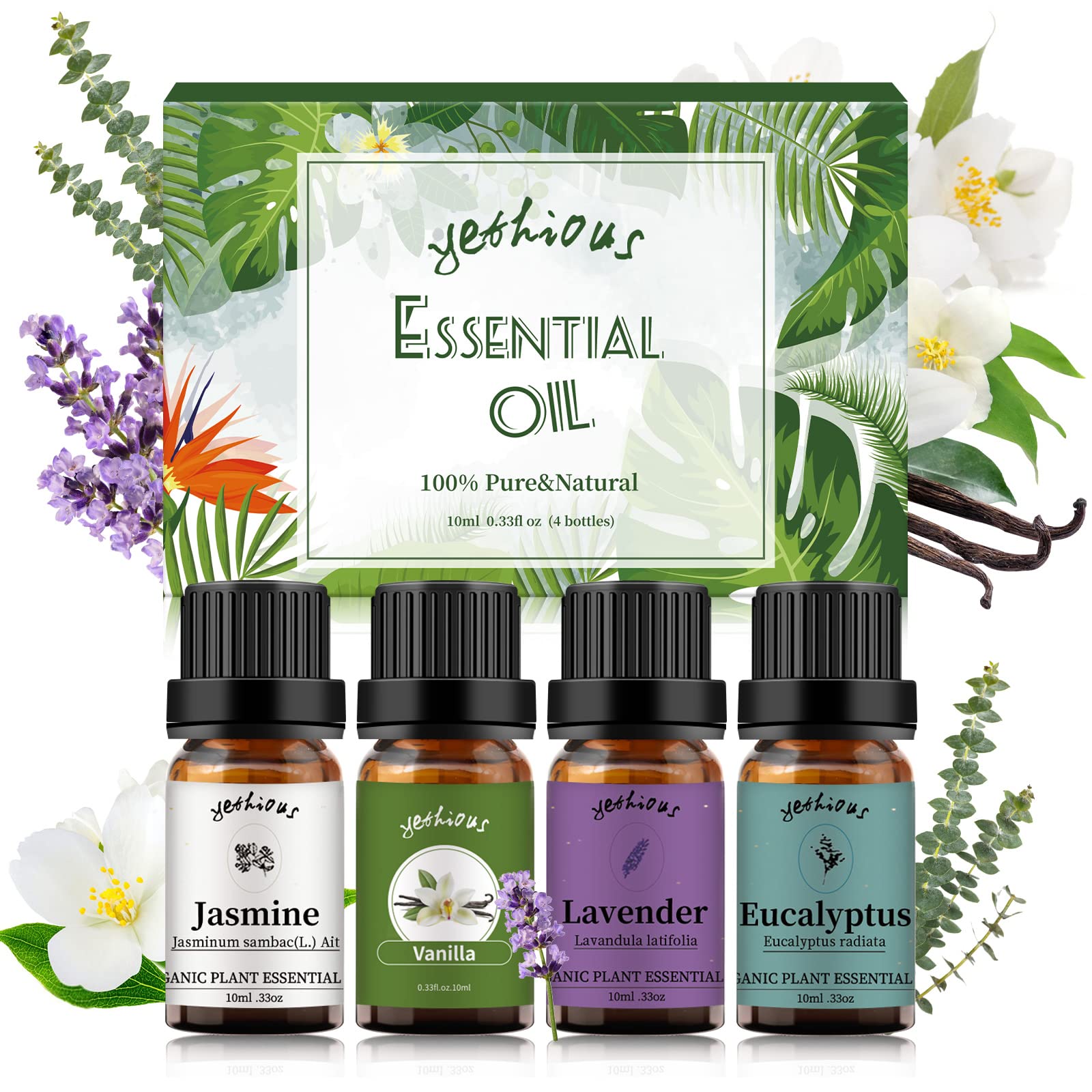 Yethious 4 Pack Essential Oil Set - Lavender, Jasmine, Vanilla & Eucalyptus for Aromatherapy, Diffusers, Soap & Candle Making - Relaxing & Refreshing Scents for Home, Spa & Office Use