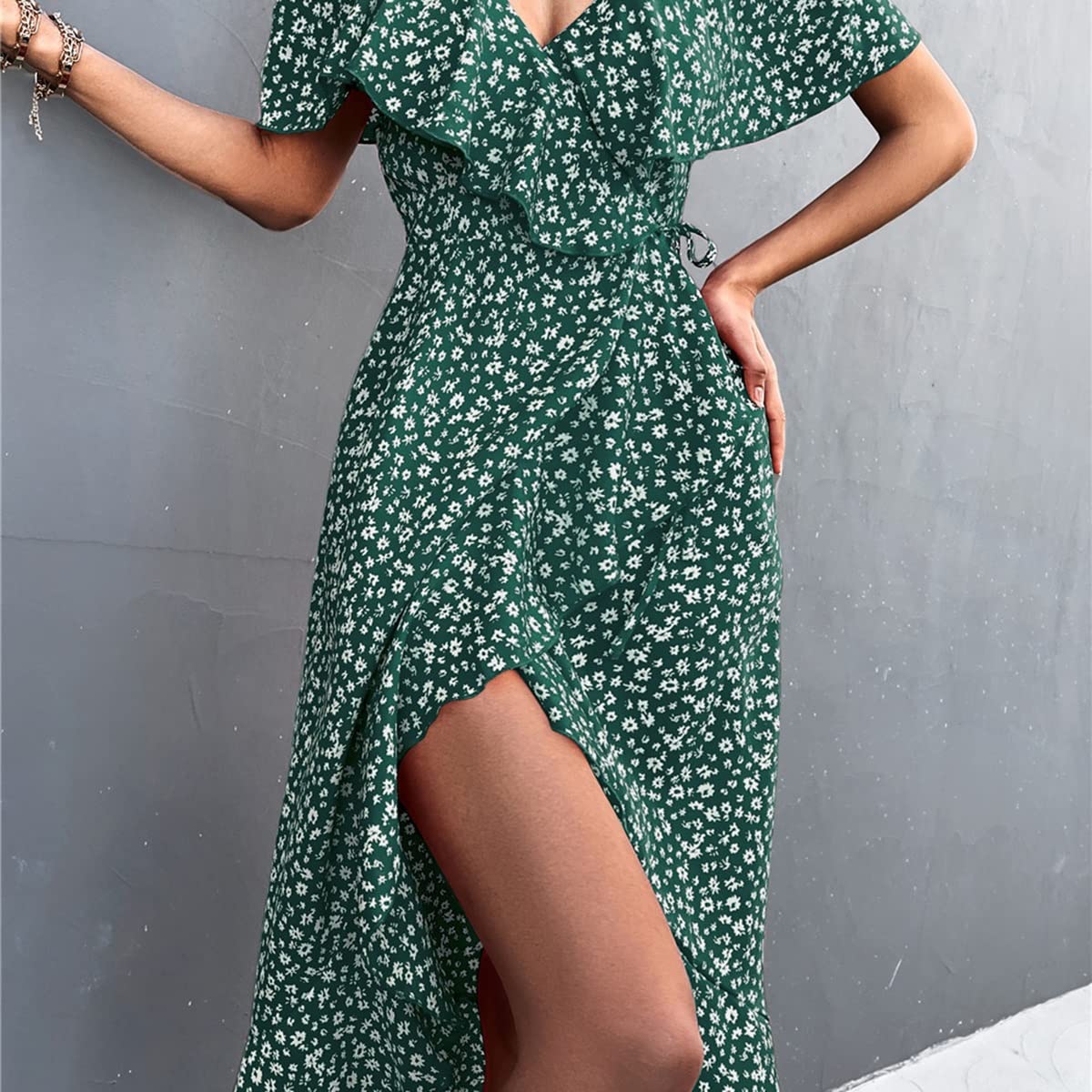 OTBK Women's Green Polka Dot Off Shoulder Maxi Dress with Belt - Short Sleeve, High Waist, Pleated Long Dress (Size S/Small) - Perfect for Summer Parties, Beach Vacations & Date Nights
