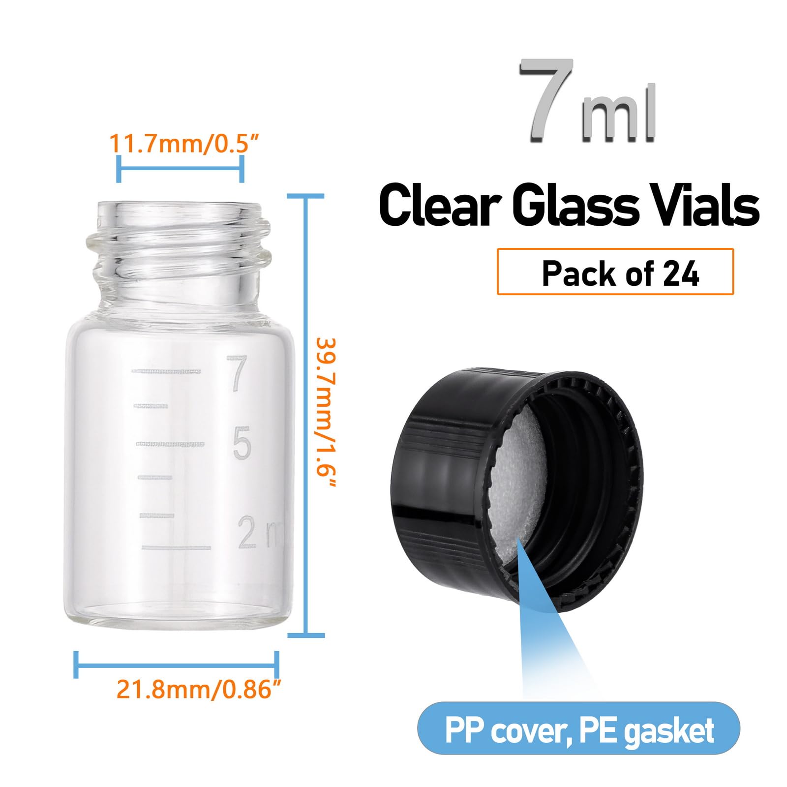 24Pcs 7ml Small Glass Vials with Lids - Empty Refillable Perfume Travel Bottles, Lab Sample Vials with Screw Caps for Essential Oils & Liquids (12Pcs Include Graduated Measuring Scale) - Perfect for DIY Perfumes, Aromatherapy & Travel Toiletries