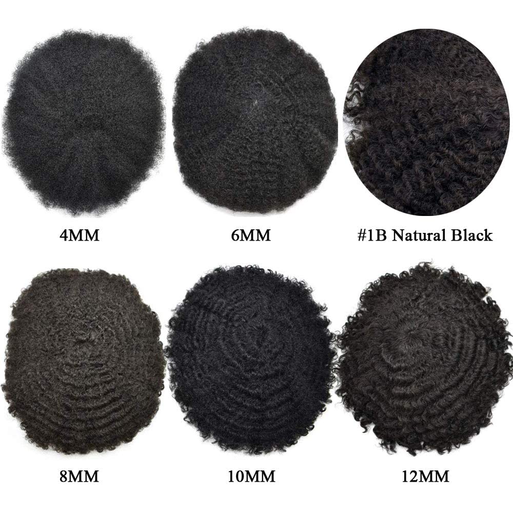 10x8 Afro Curly Men's Toupee - Full Poly African American Human Hair System for Black Men | Kinky Curly Wig Replacement (Afro Wavy 10mm, Jet Black) | Perfect for Daily Wear, Cosplay & Hair Loss Solutions