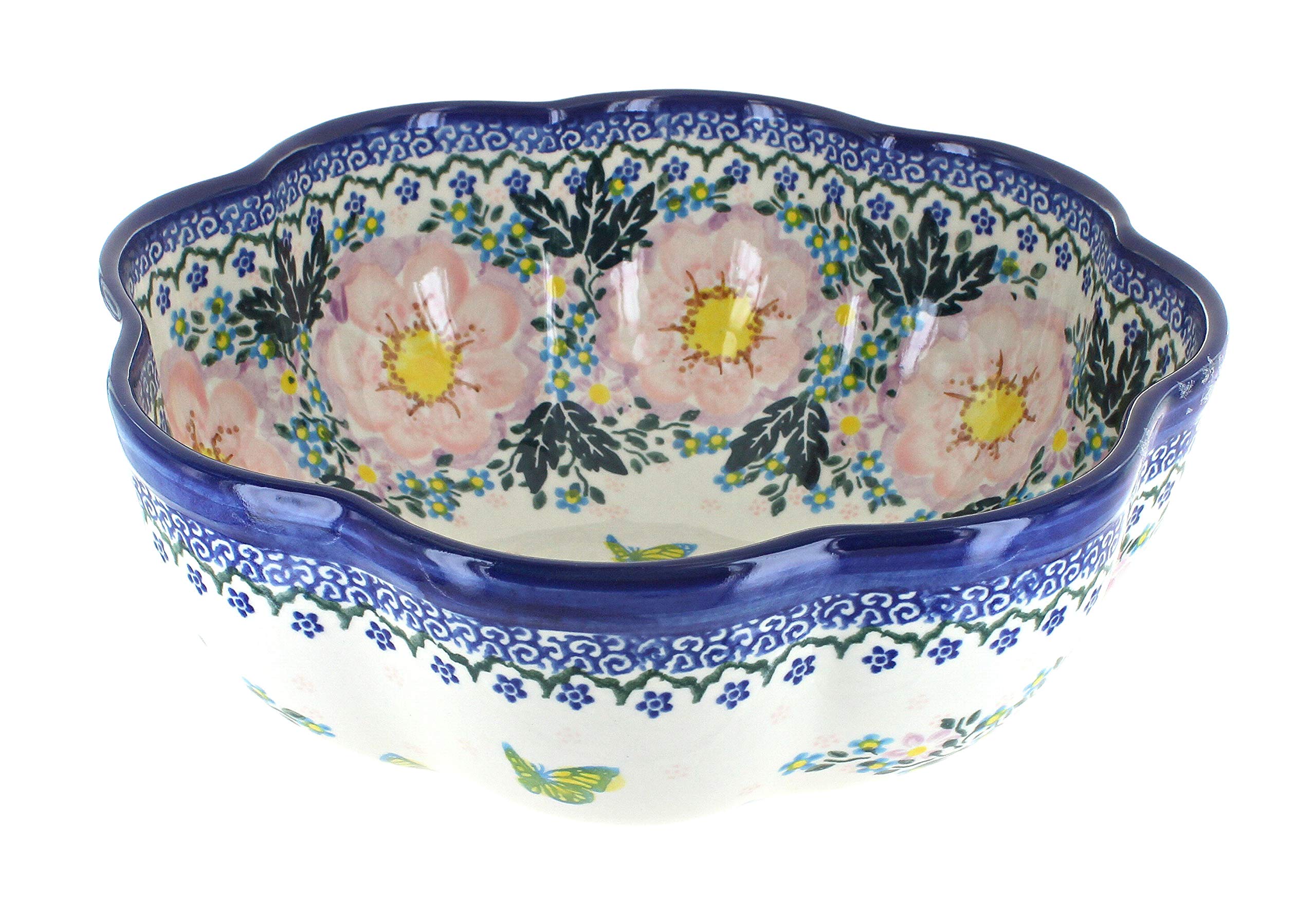 Blue Rose Polish Pottery Apple Blossom Large Scallop Bowl - Handmade Ceramic Serving Bowl for Salad, Soup, Pasta - Perfect for Dining, Entertaining & Home Decor