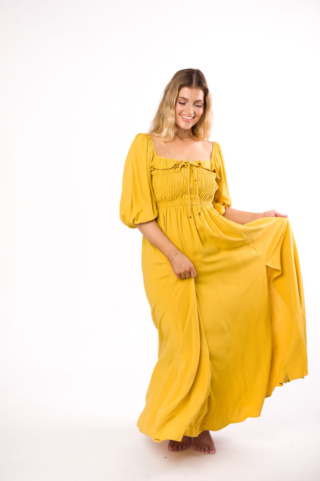 Devon Smocked Maternity Maxi Dress in Mustard Yellow - Bump Friendly Flowy Summer Dress for Pregnancy, Beach Vacations & Special Occasions
