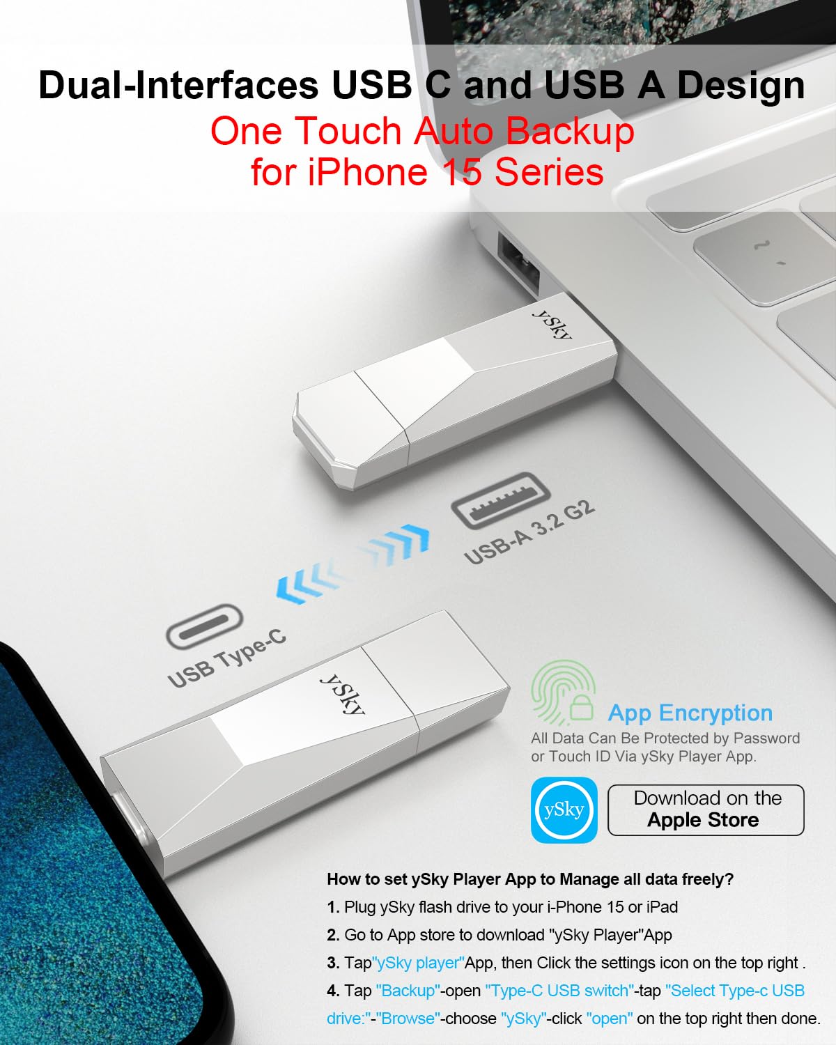 ySky 1TB USB 3.2 SSD External Solid State Flash Drive - 500MB/s High Speed USB C & USB A 3.2 Gen 2 Thumb Drive - 2-in-1 Dual Interface for iPad Pro, Android Phones, MacBook, Windows Laptops, Tablets - Portable Storage with Leather Keychain Case for Work, Travel & Data Backup