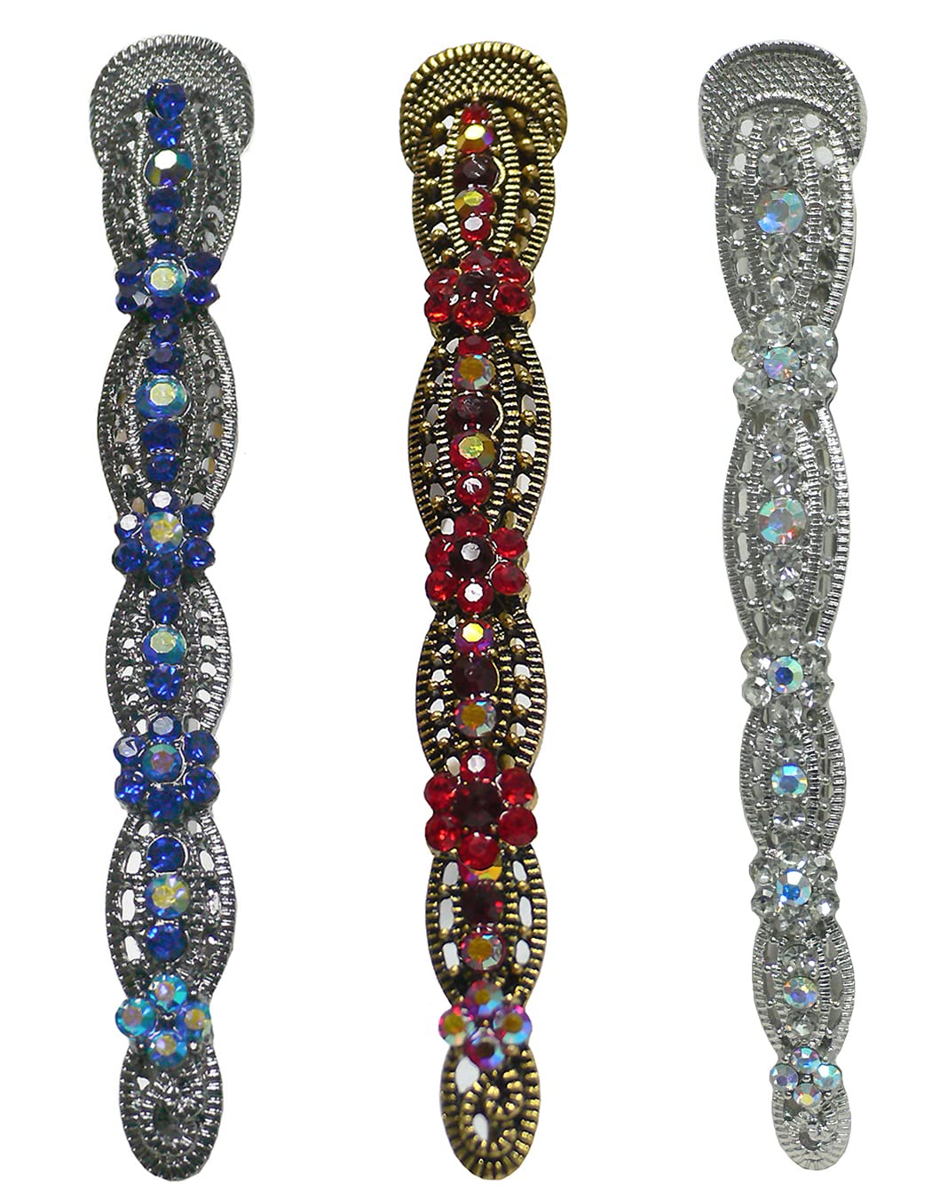 3 Pack JCGY Alligator Hair Clips with U-Shaped Underclip for Thin Hair - Bridal Duckbill Hair Clips with Strong Hold (Blue, Red, Crystal) - Perfect for Weddings, Prom, and Everyday Styling