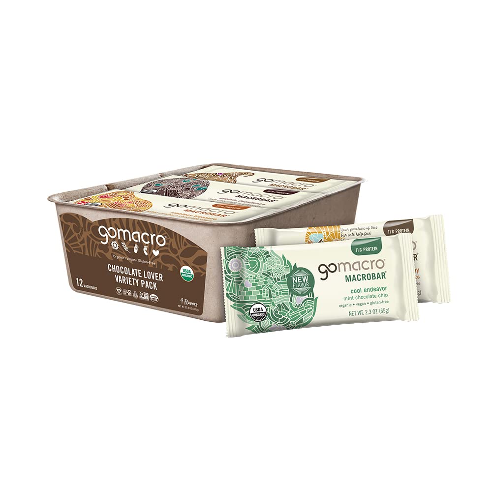 Organic Vegan Protein Bars - GoMacro MacroBar Chocolate Lover Variety Pack, 2.3oz (12 Count) | Gluten-Free, Non-GMO Snacks for Hiking, Workouts & Healthy On-The-Go Energy