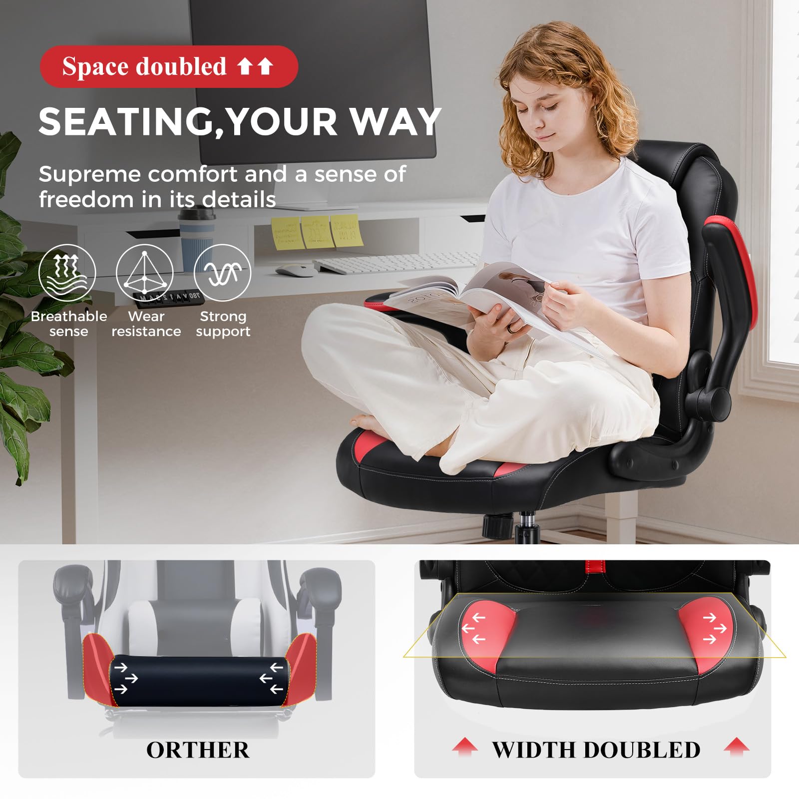 GTPLAYER Ergonomic Gaming Chair with Flip-Up Armrests, Rocking Function & Height Adjustment - High-Density Sponge Computer Chair for Office, Streaming, Esports (Red) - Perfect for PC Gaming, Home Office & Game Room Setup