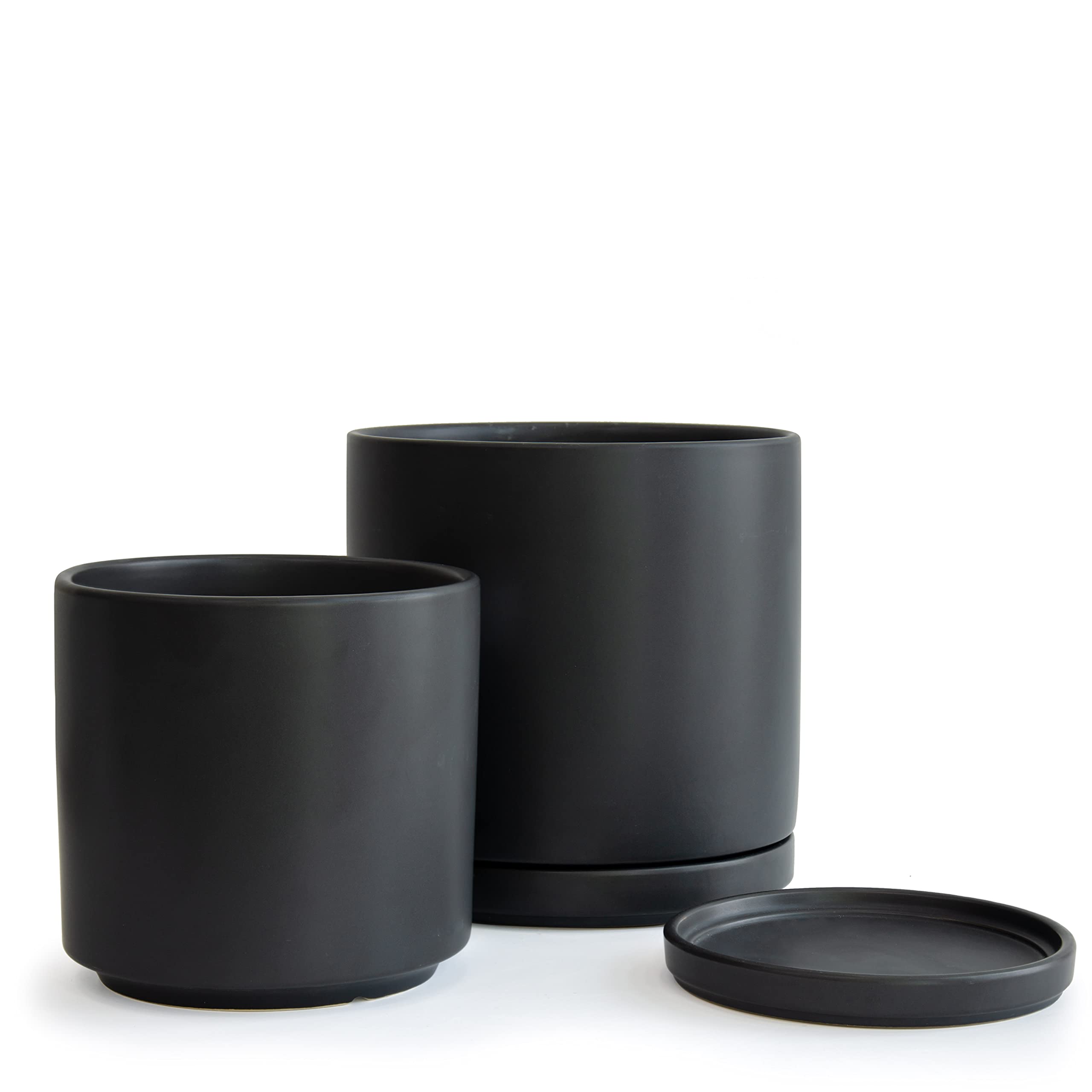 D'vine Dev 8 & 10 Inch Ceramic Plant Pots with Drainage Hole and Saucer - Large Black Flower Planters for Indoor Outdoor Home Garden Decor (Set of 2)
