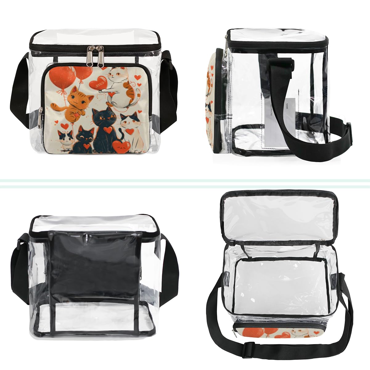 GzLeyigou Valentine's Day Cat Clear Tote Bag with Handles - Transparent Crossbody Shoulder Bag for Lunch, Outdoor, Travel, Picnic, Concerts & Sports Events - Stadium Approved Multi-Purpose Cat-Themed Purse | Perfect for Date Nights, School, Shopping & Festival Accessories