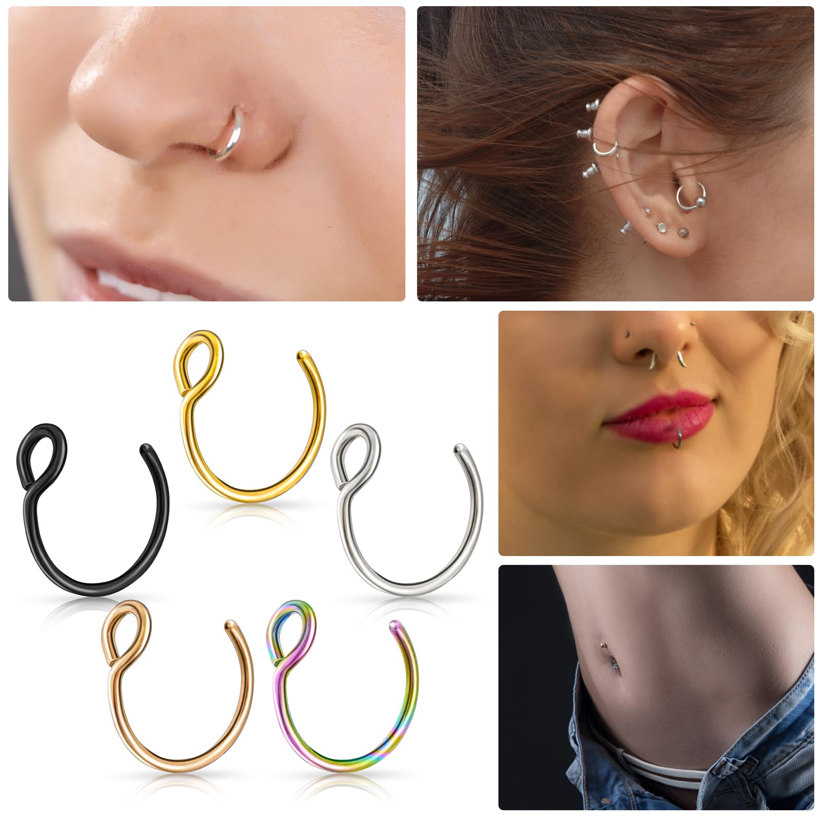 Lusofie 5 Pcs Fake Nose Rings - Clip On Nose Hoops & Fake Lip Piercing Jewelry for Women and Men - Perfect for Parties, Halloween Costumes, and Fashion Accessories