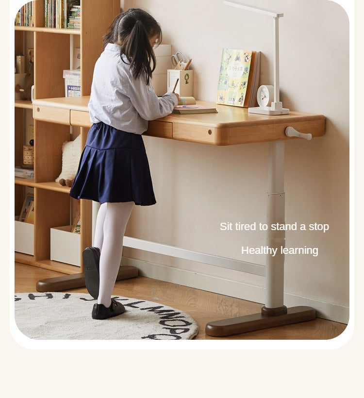 Beech Solid Wood Adjustable Height Kids Study Desk with Hand Crank Lift - Perfect for Homeschooling, Online Learning & Children's Homework Station