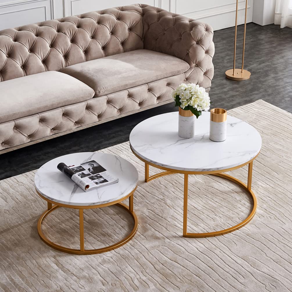 AWQM Nesting Coffee Table Set of 2 - Modern Round End Tables with Faux Marble Wooden Top & Metal Frame - Stackable Side Tables for Living Room, Bedroom, Balcony - White | Perfect for Small Spaces, Coffee Time & Home Decor