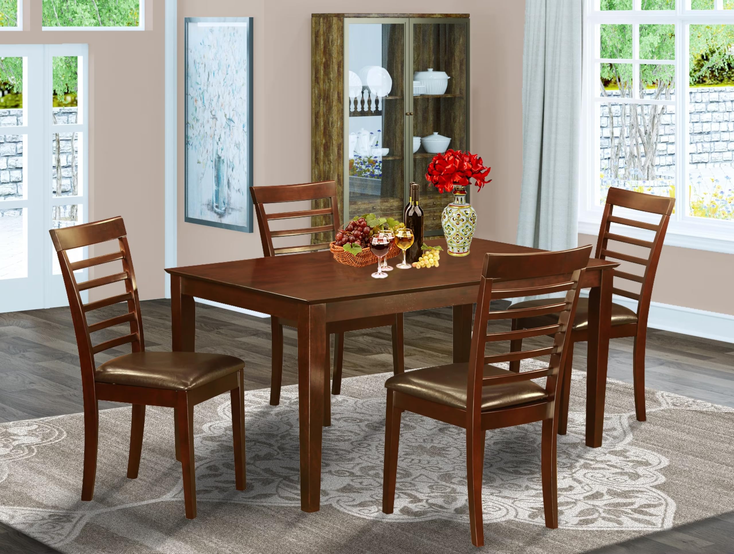 East West Furniture 5-Piece Mahogany Dining Set with Rectangle Table & 4 Faux Leather Chairs - 36x60 Inch Kitchen Table Set for Family Meals, Dinner Parties & Small Space Dining Rooms