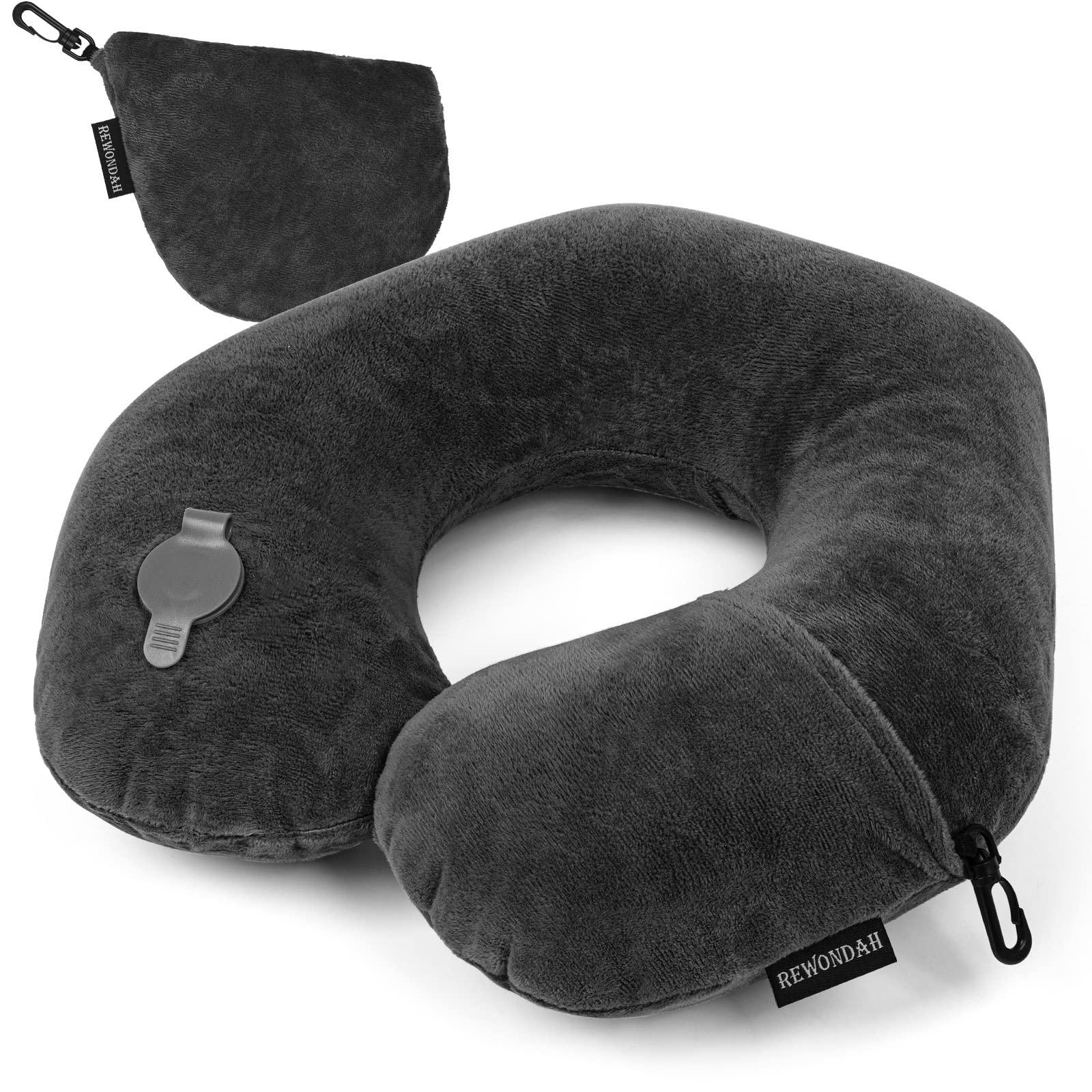 Rewondah Inflatable Travel Pillow - Ultra Soft Velour Washable U-Shaped Neck Pillow for Airplane, Train & Car Travel | Compact & Portable for Business Trips, Long Flights & Road Trips