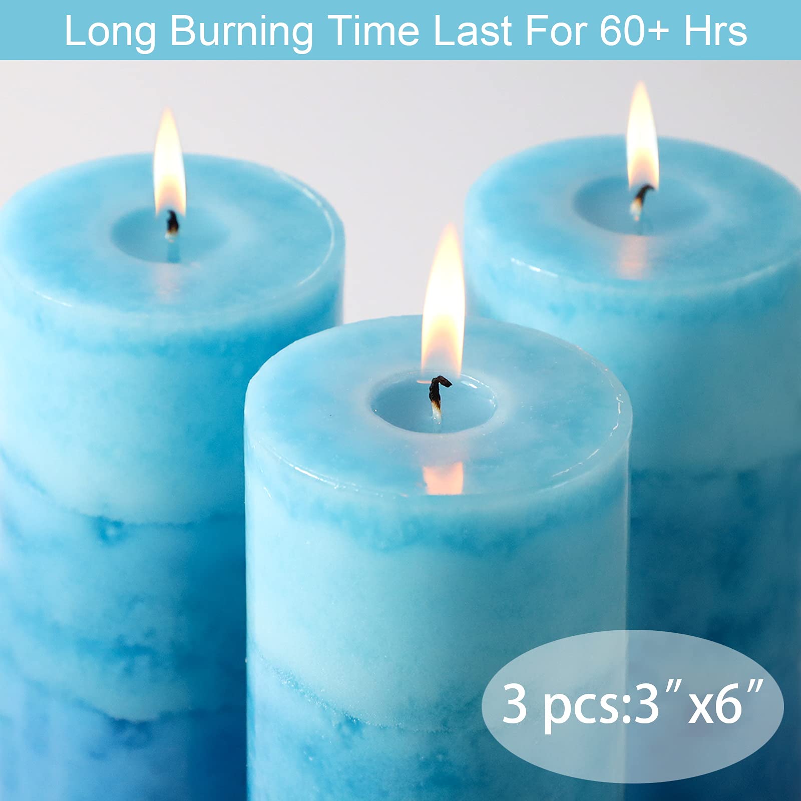 Ocean Scented Pillar Candles 3-Pack - 60+ Hour Burn, Blue Home Fragrance for Relaxation & Spa