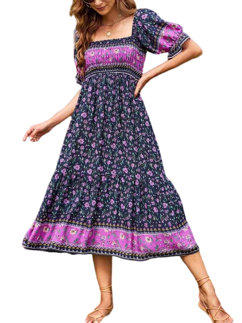 Naggoo Women's Bohemian Floral Print Square Neck Long Maxi Dress with Ruffle Short Sleeves - Perfect for Beach Vacations, Summer Parties & Boho Fashion Outfits