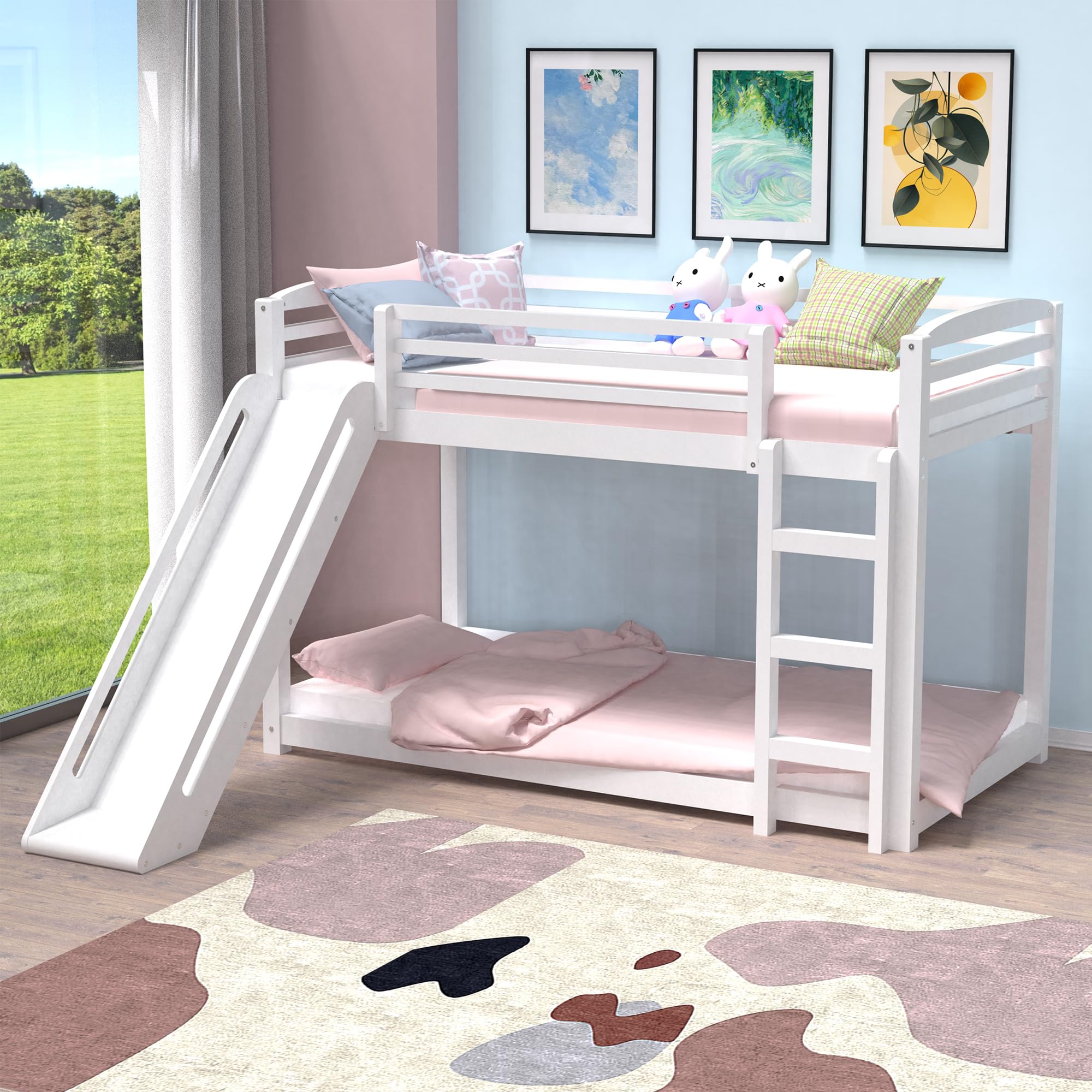 Solid Wood Twin Over Twin Bunk Bed with Ladder & Safety Rail - Low Profile Kids Bunk Bed Frame for Boys, Girls, Teens - Perfect for Bedrooms, Apartments, Dorm Rooms - No Box Spring Needed - Space-Saving Sleep Solution for Siblings or Sleepovers