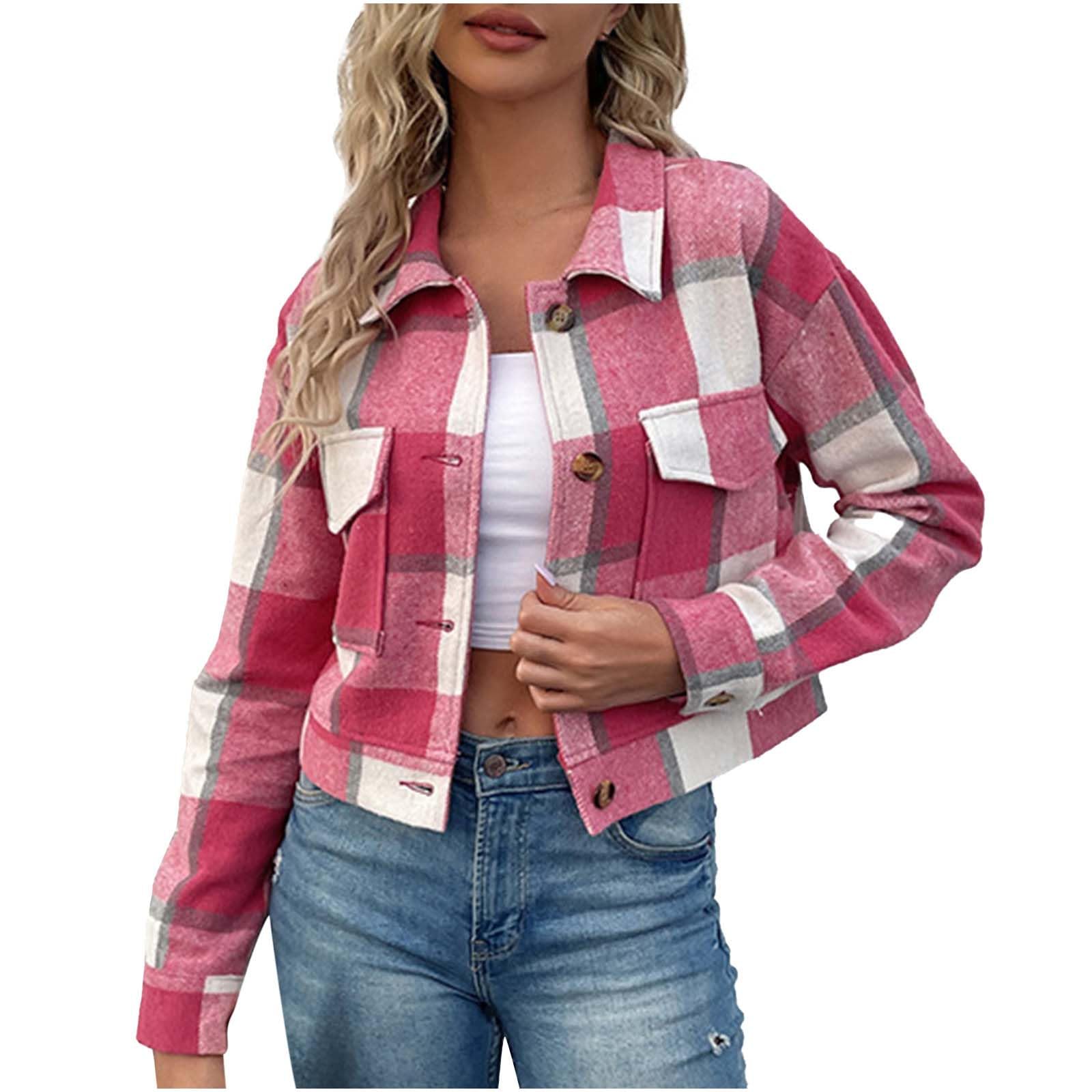 Yihaojia Women's Fashion Cropped Plaid Shacket Jacket - Button Down Long Sleeve Crop Shirt Top for Casual Outfits & Fall Layering
