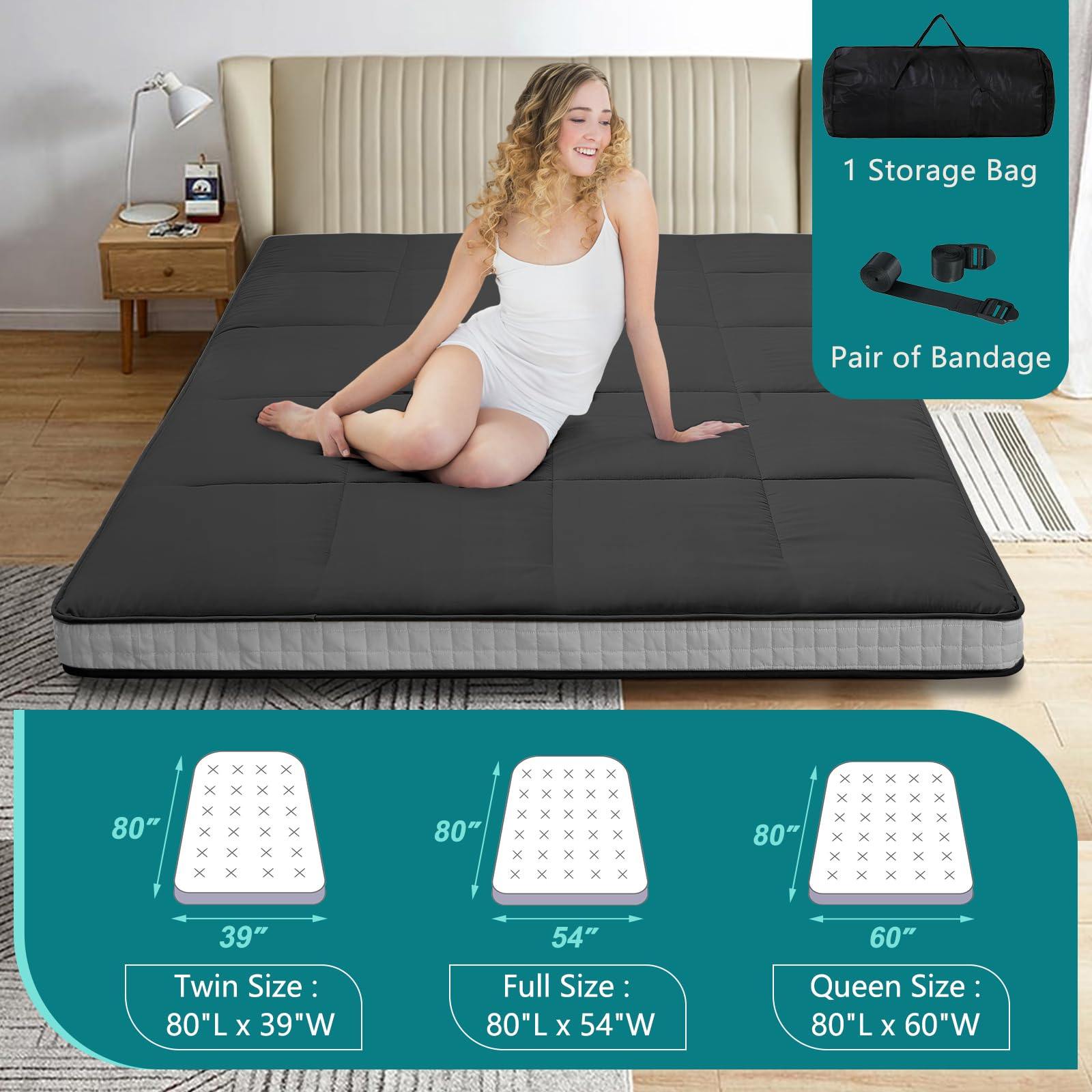 4-Inch Thick Japanese Floor Mattress Futon - Foldable & Portable Tatami Mat for Sleeping, Lounging - Twin, Full, Queen Size - Perfect for Guest Beds, Small Spaces & Camping
