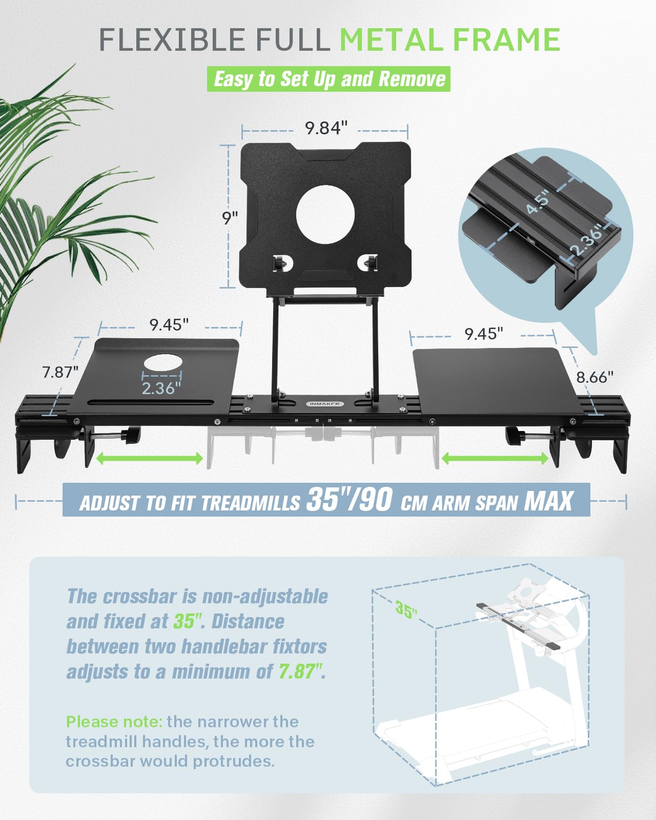 INMAKER Universal Treadmill Desk Attachment - Adjustable Height & Width Aluminum Laptop Stand with Tray for Treadmill Workouts (Black) | Perfect for Home Office, Work While Walking, Fitness Enthusiasts
