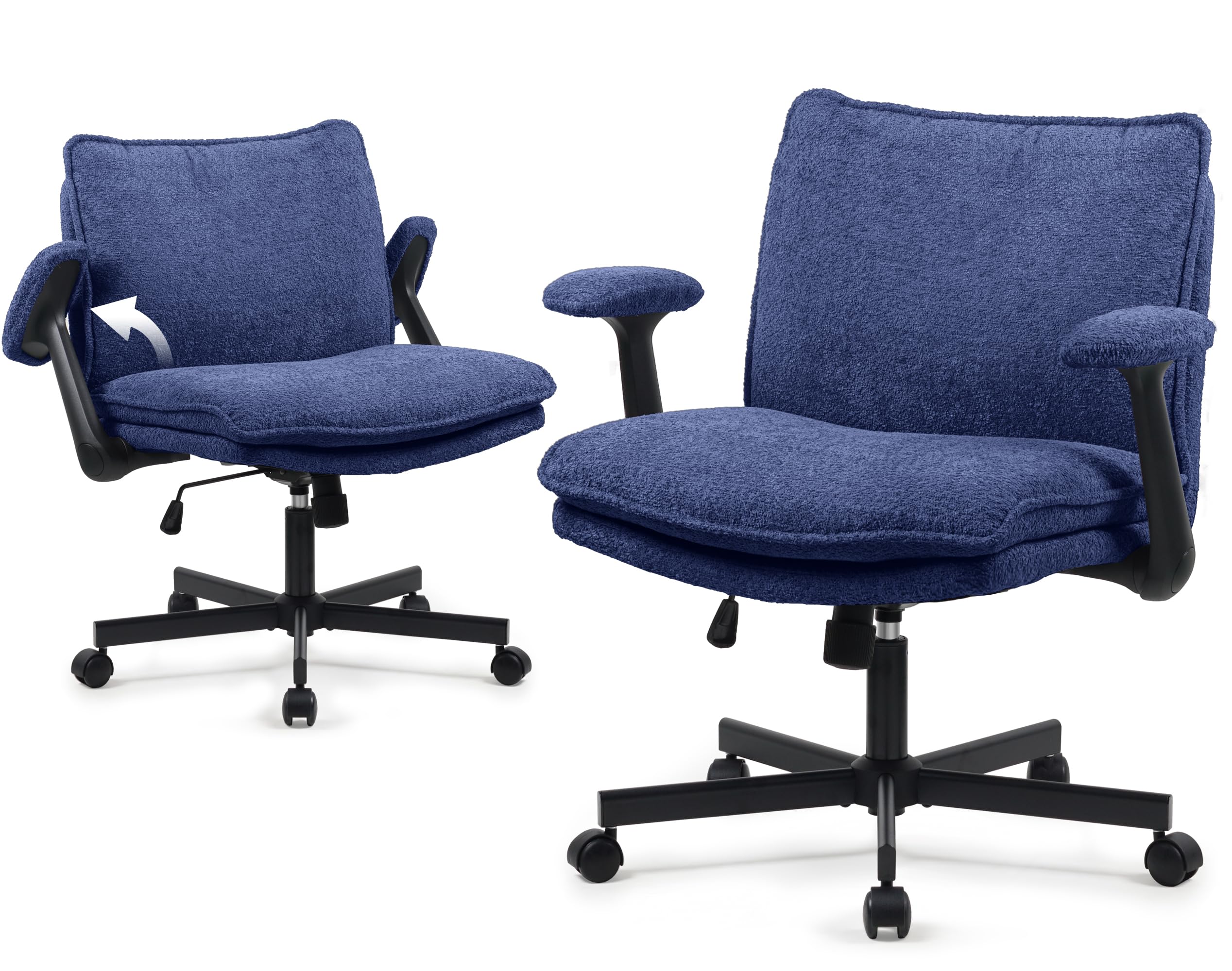 Ergonomic Cross Legged Office Chair with Wheels - Adjustable Flip-Up Armrests & Wide Seat - Navy Blue Upholstered Desk Chair for Home Office, Vanity, Apartment - Perfect for Meditation, Reading & Computer Work