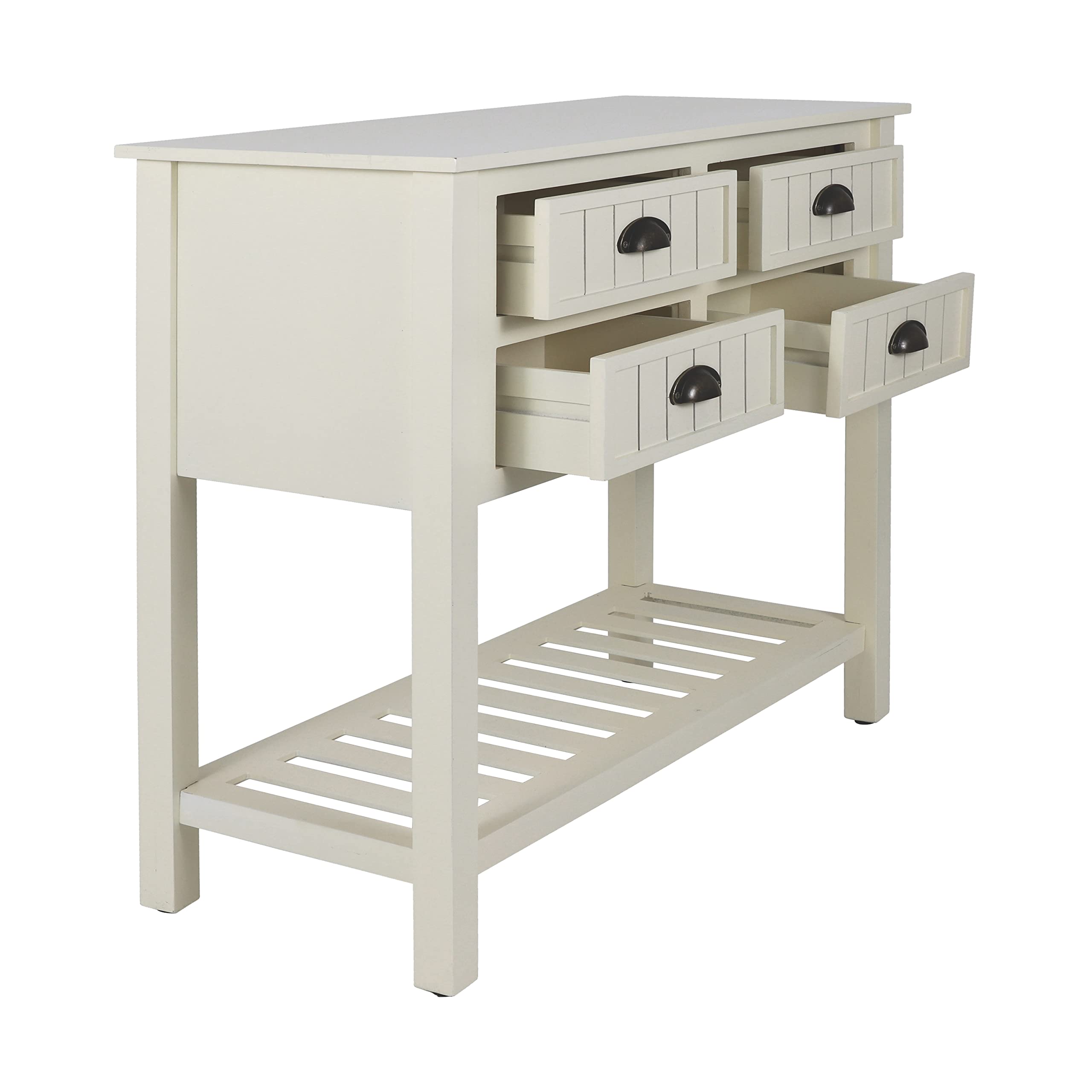 Decor Therapy Bailey Bead Board 4-Drawer Console Table - 14x32x32 Inches, Antique White Finish - Perfect for Entryway, Living Room & Hallway Decor