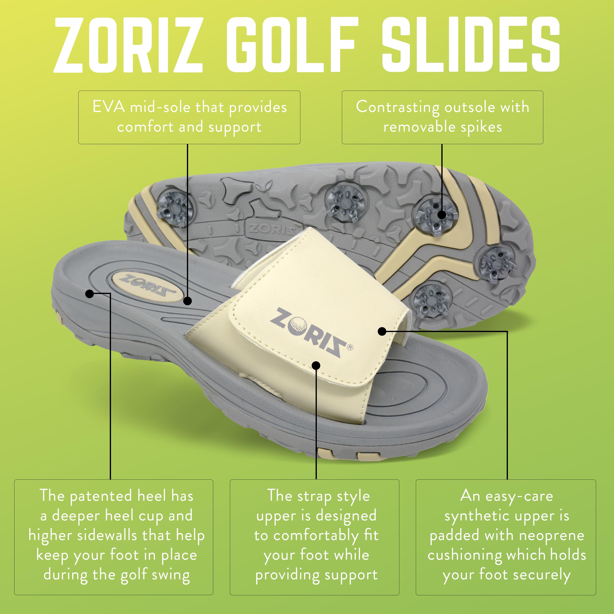ZORIZ Men's & Women's Golf Slides - Sports Slip On Sandals with Removable Spikes, Comfortable Golf Footwear with Deep Heel Cup & High Sidewalls - Perfect for Golf Course, Driving Range & Casual Wear