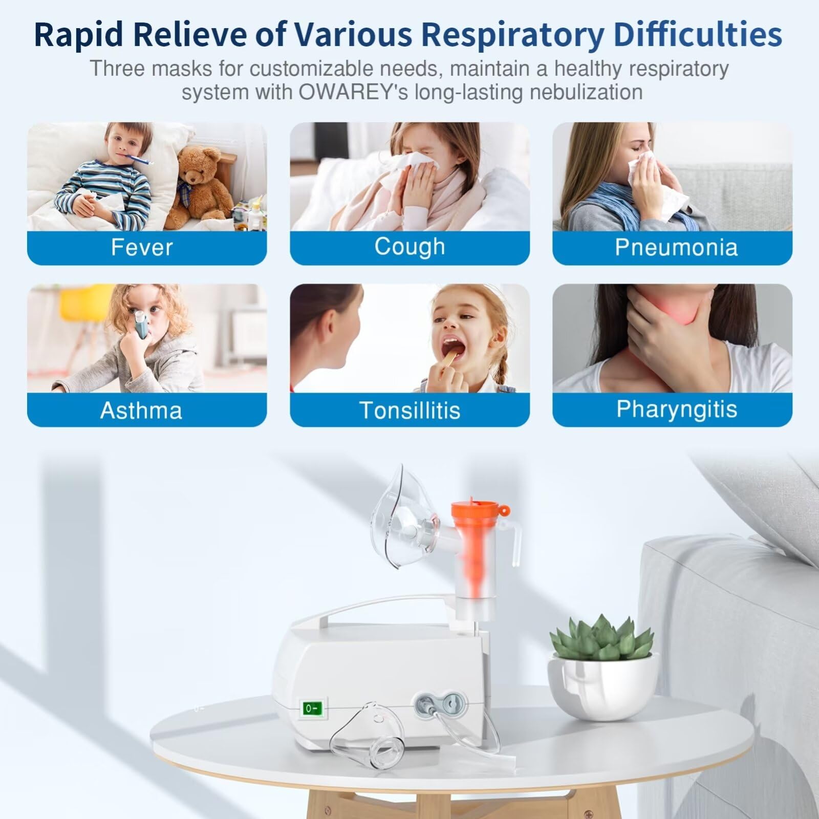 Portable Nebulizer Machine for Adults & Kids - Home Use with Tubing, Mouthpiece & Masks - OWAREY - Perfect for Asthma, COPD & Respiratory Relief at Home or Travel