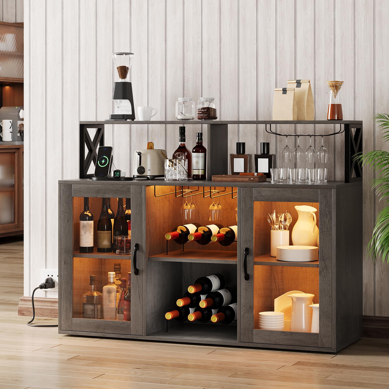 Retro Gray Bar Cabinet with Power Outlets, LED Lights & Glass Holder - Wine Storage Cabinet with Racks for Home & Kitchen - Perfect for Entertaining, Dining Rooms & Man Caves