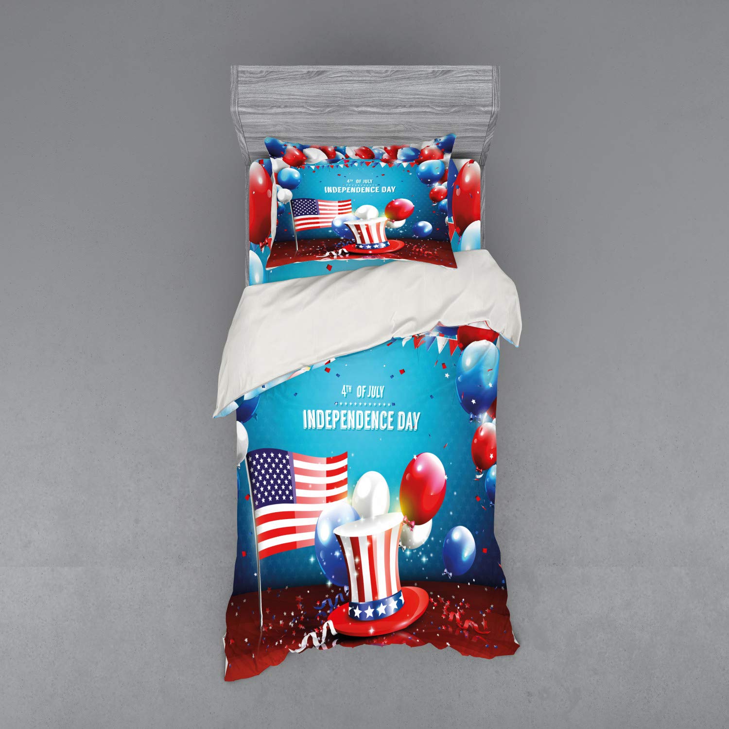 Ambesonne 4th of July Duvet Cover Set - Patriotic Uncle Sam Hat, Flag & Balloons Design - 3 Piece Bedding Set with Pillow Sham & Fitted Sheet - Twin Size in Blue, Red & Pearl - Perfect for Independence Day Decor & American Themed Bedrooms
