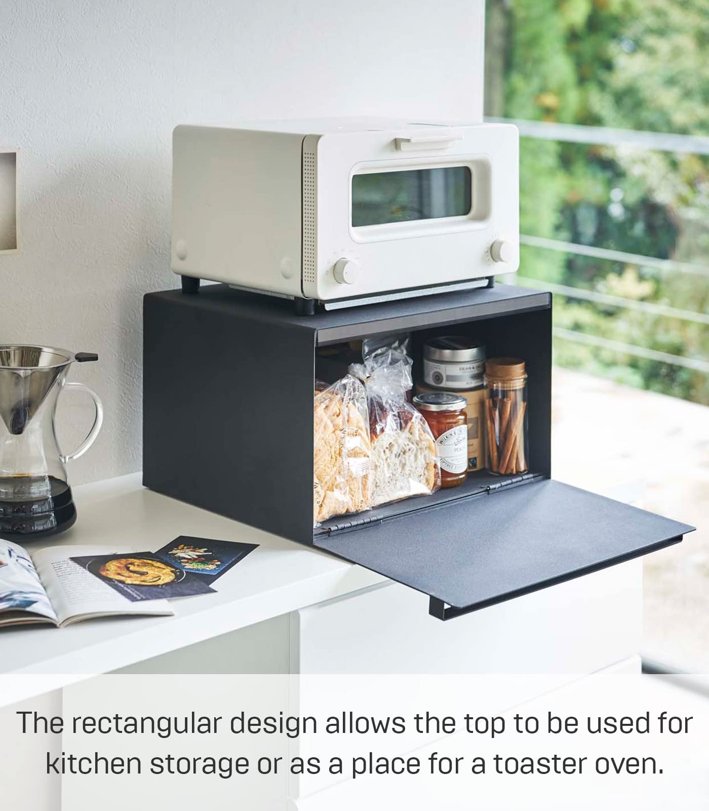 Yamazaki Home Metal Bread Box - Slim Space Saving Counter Storage for Bread, Buns & Pastries - Horizontal Steel Bread Holder for Kitchen Counter & Pantry Organization
