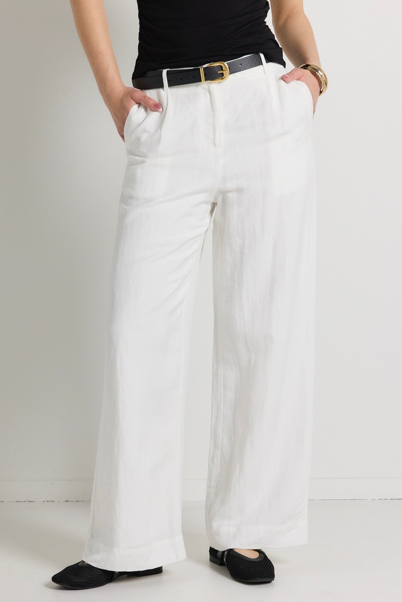 Island Ivory Linen Viscose Pleat Front Wide Leg Pants for Women - Comfortable High Waisted Trousers for Office, Travel & Casual Wear