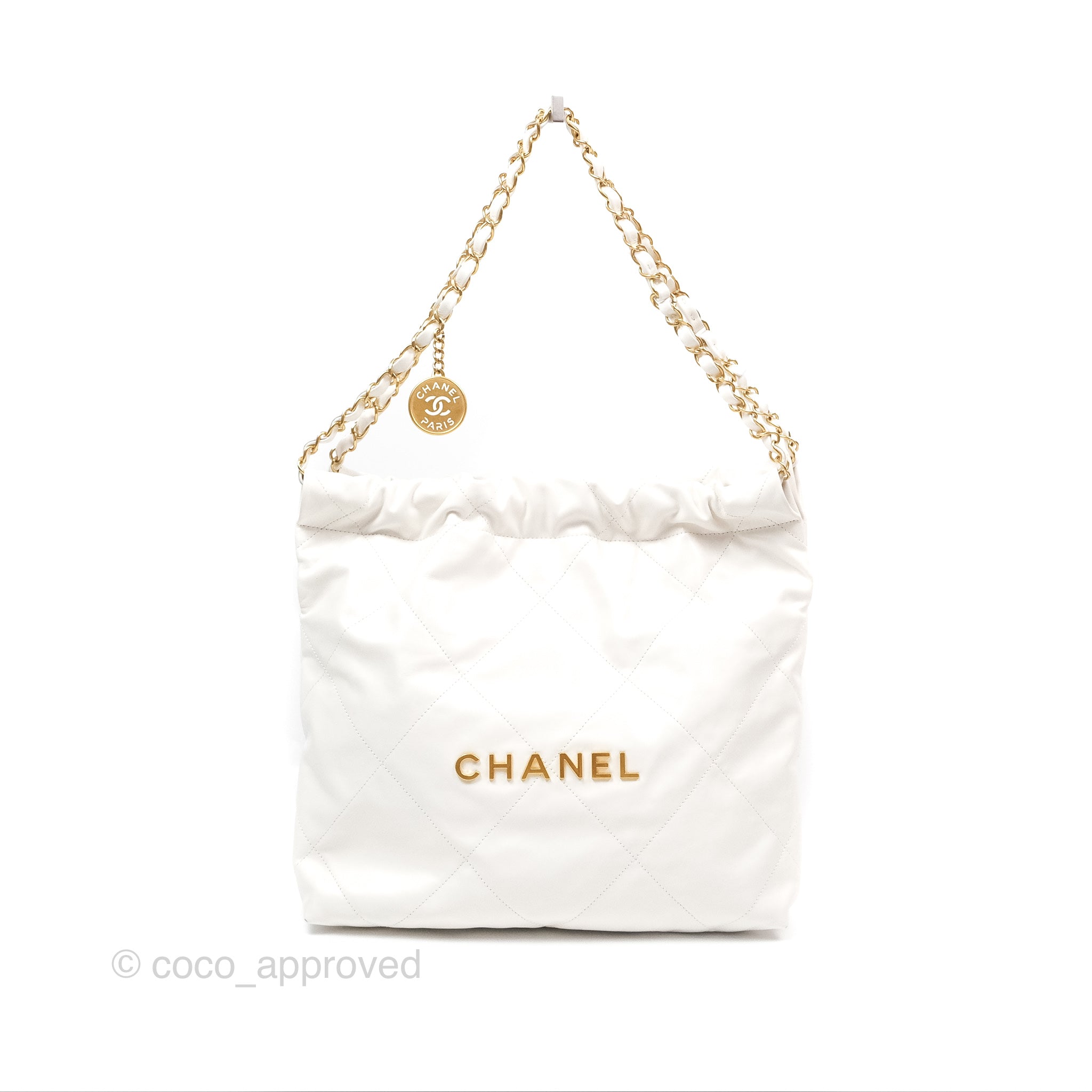 Chanel 22 Small Handbag in White Shiny Calfskin Leather with Aged Gold Hardware - Luxury Crossbody Bag for Women, Perfect for Date Night & Evening Events