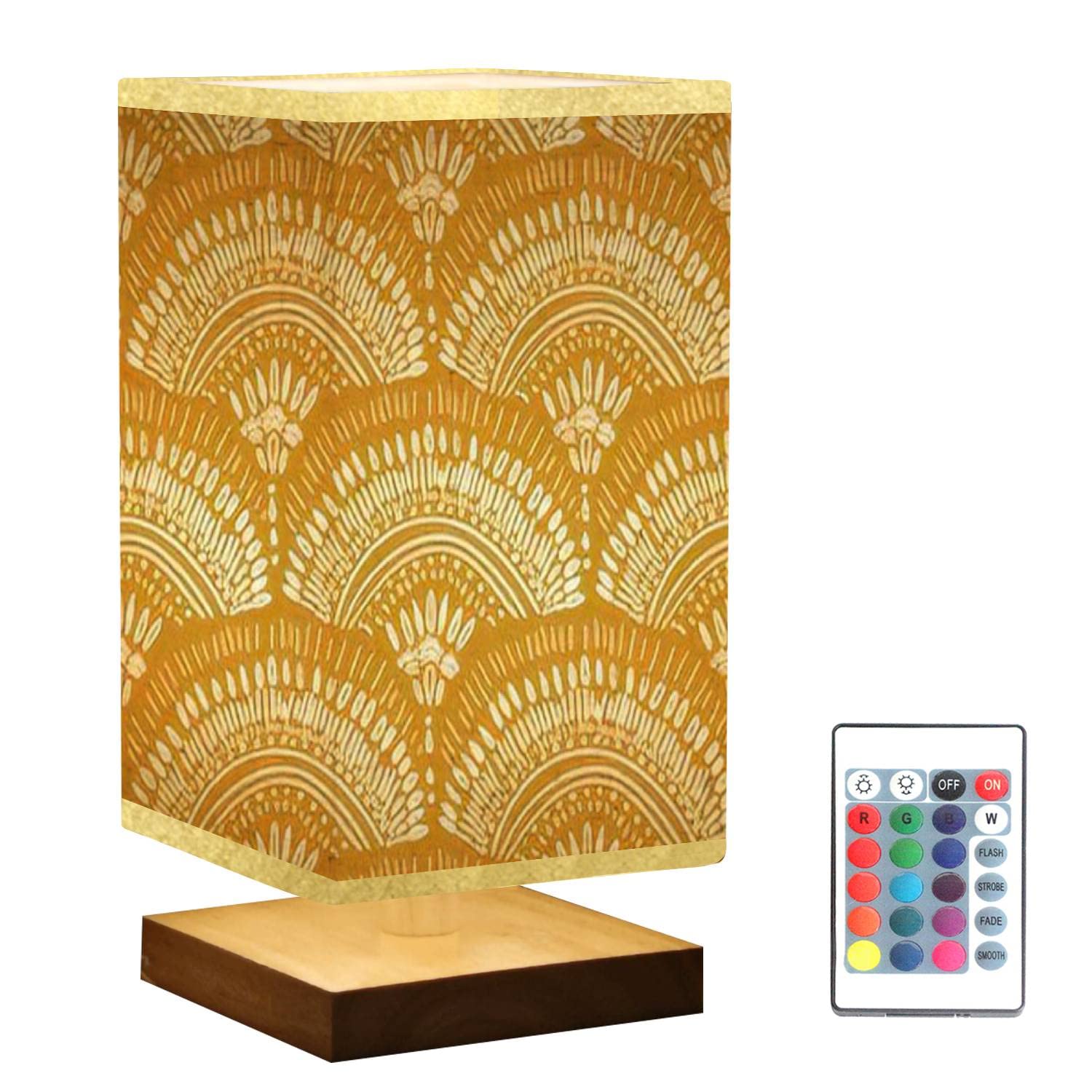 Bohemian Geometric Nightstand Lamp with Mustard Wooden Base & Flaxen Fabric Shade - Dimmable Bedside Table Lamp for Bedroom, Living Room | Perfect for Reading, Relaxing & Creating Cozy Ambiance