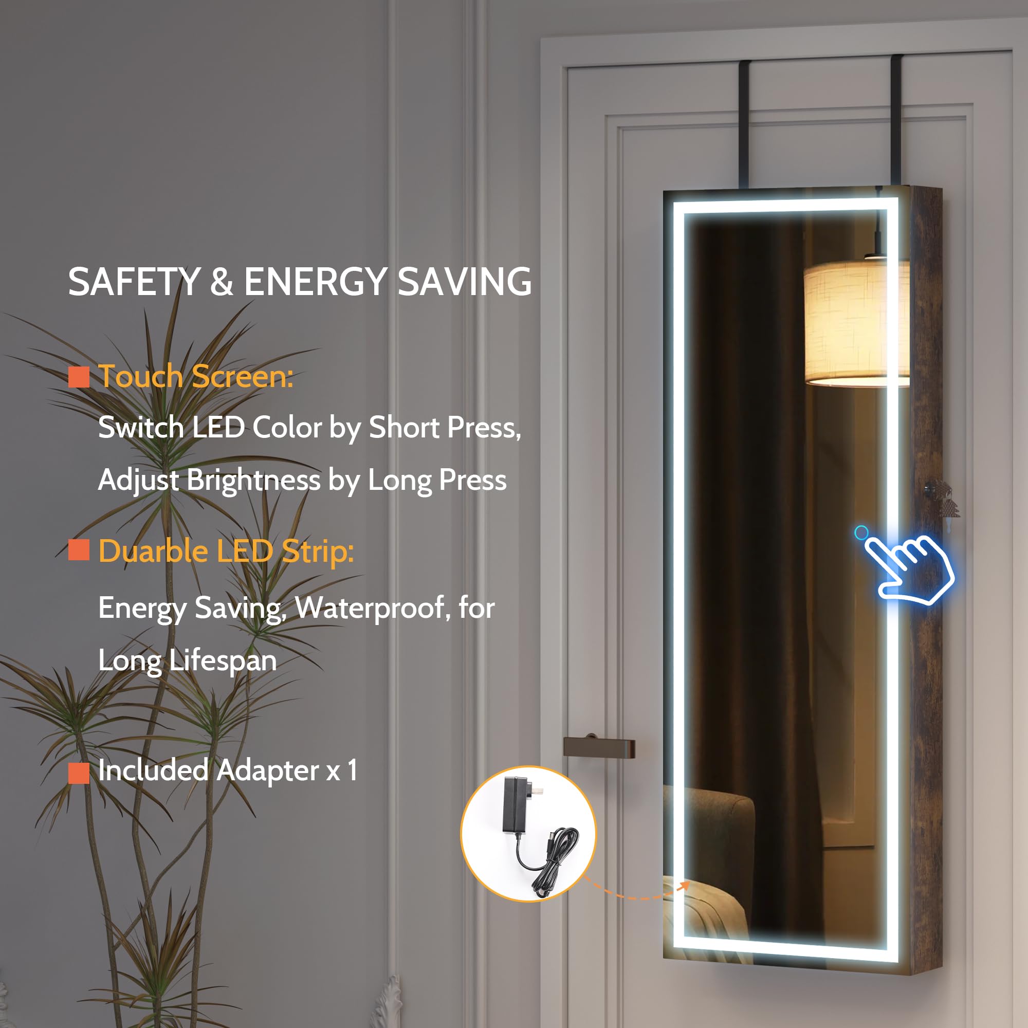 LVSOMT LED Mirror Jewelry Cabinet - Wall/Door Mount Jewelry Armoire Organizer with Lights, Full Length Mirror with Jewelry Storage, Over the Door Hanging Cabinet (Rustic Brown) | Perfect for Bedroom, Closet & Dressing Room Organization