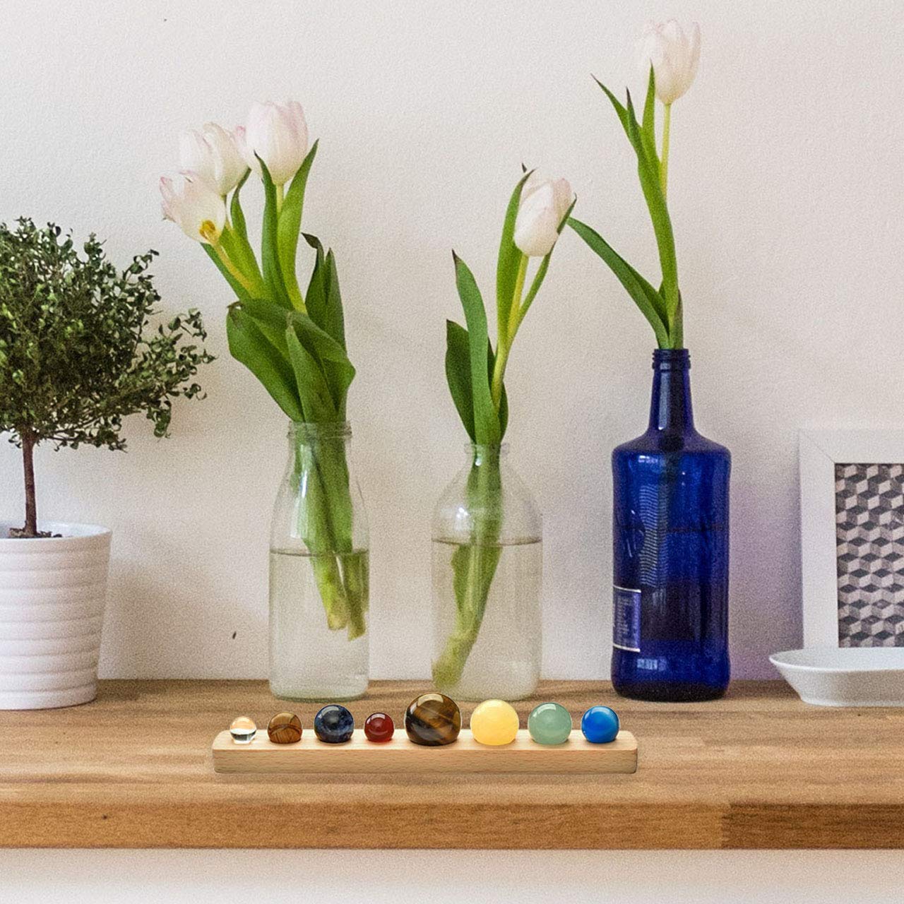Custom Solar System 8 Planets Handmade Natural Gemstone Balls with Wooden Stand - Personalized Free Engraving Desk Ornament - Unique Home Decor Gift for Astronomy Lovers, Office & Living Room Decorations