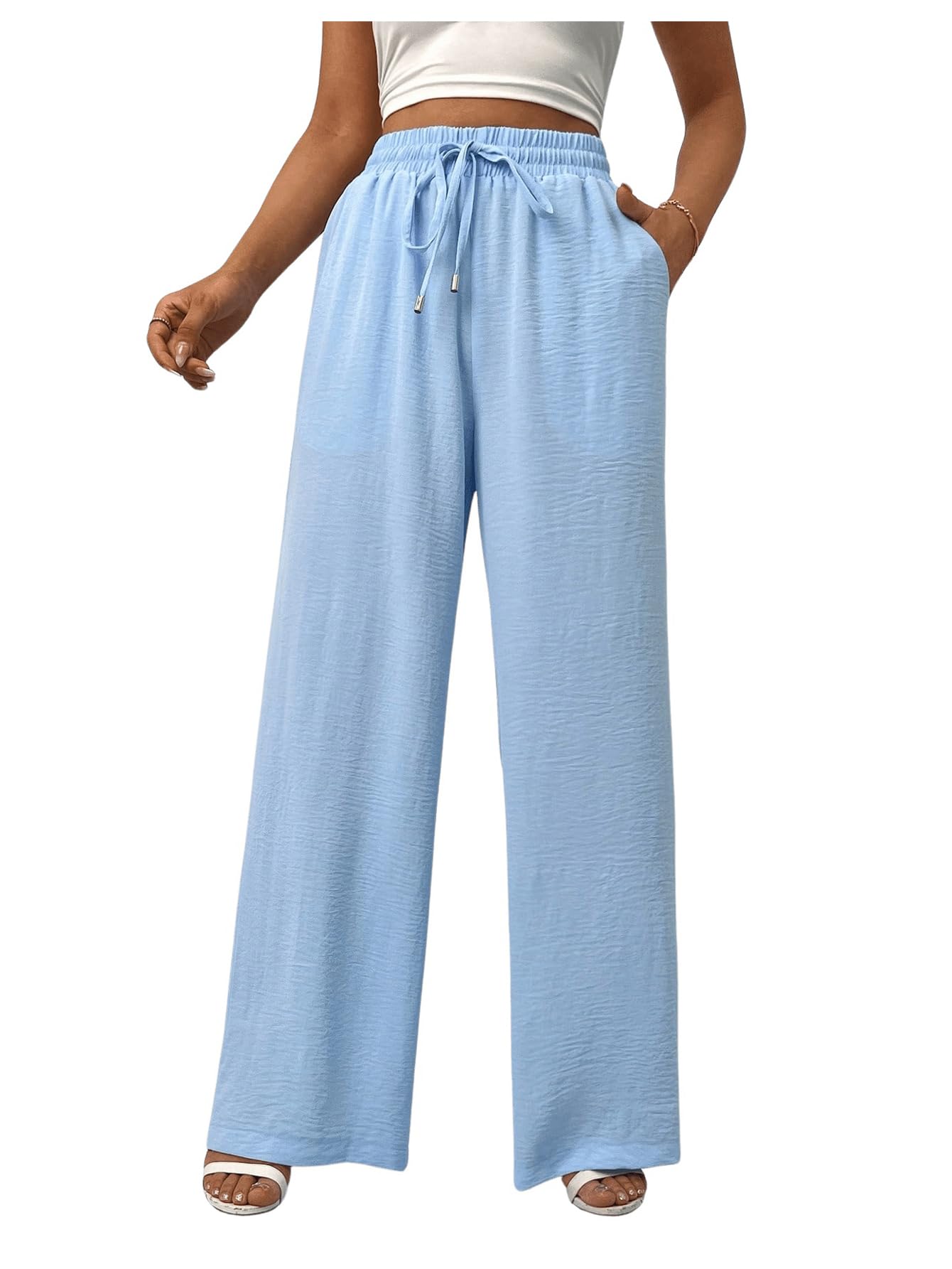 GORGLITTER Women's Linen Pants - High Waist Flowy Palazzo Pants with Drawstring & Pockets | Casual Summer Beachwear & Boho Style Outfits