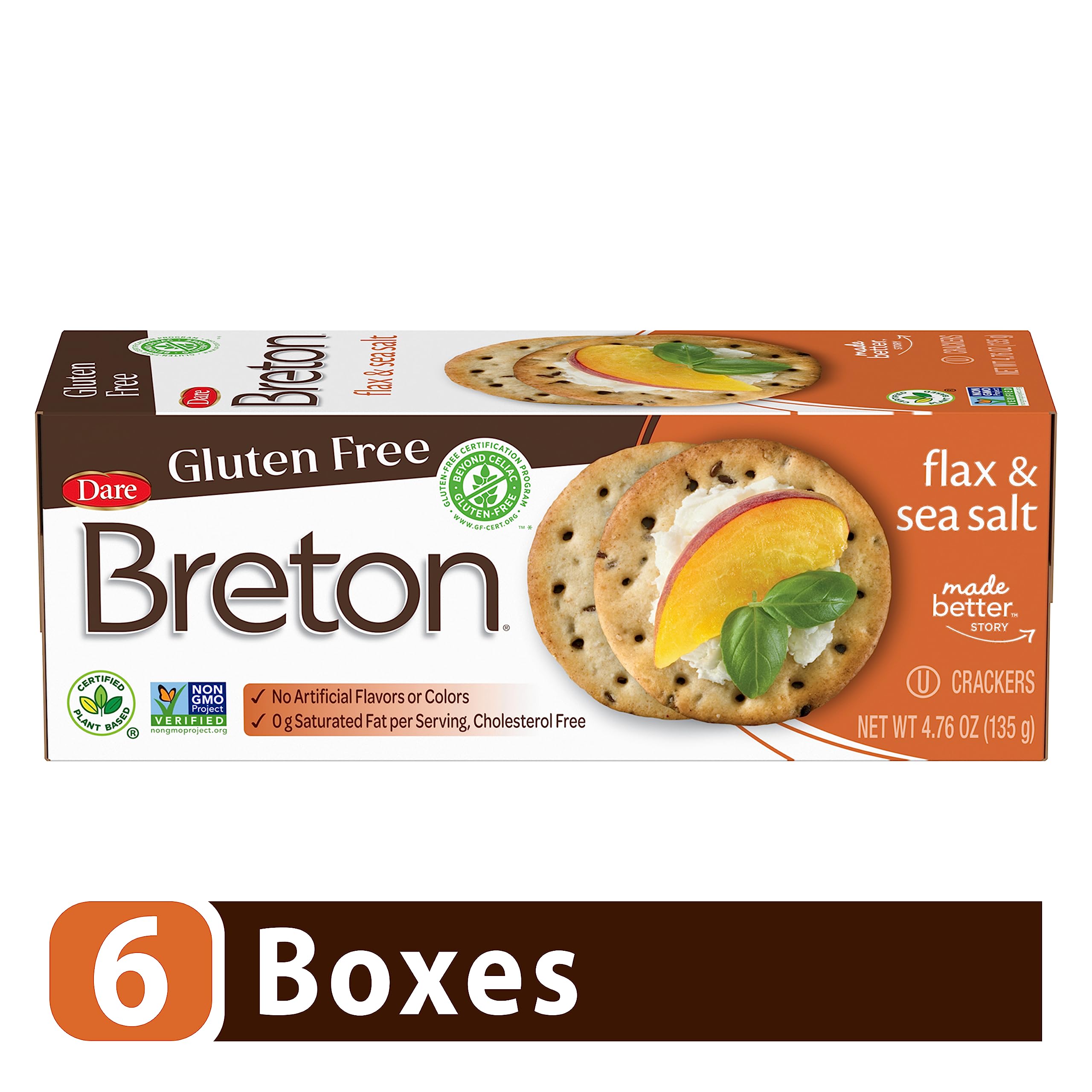 Dare Breton Gluten Free Original Flax Crackers – 4.76oz (6-Pack) – Healthy Party Snacks No Artificial Colors or Flavors – Perfect for Entertaining, Lunches & Gluten-Free Diets