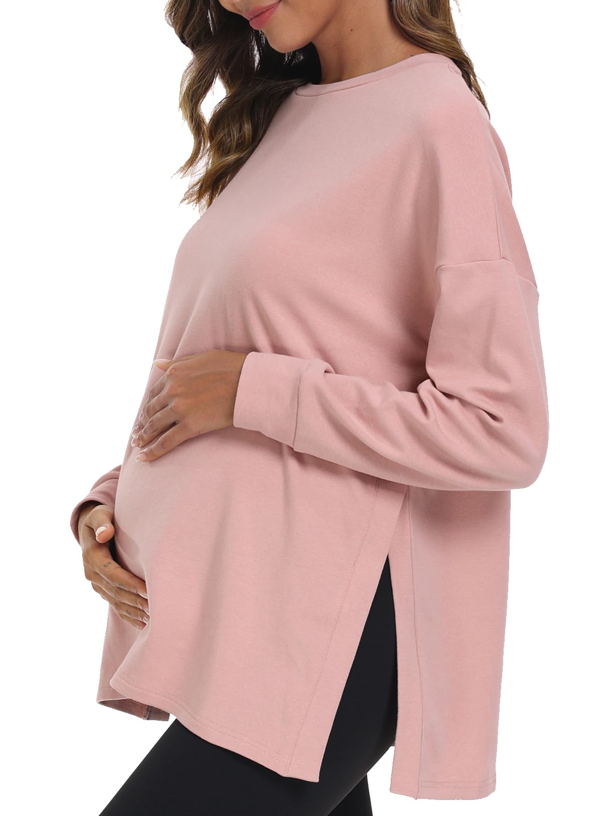 BBHoping Women's Maternity Shirts - Soft Casual Pregnancy Tops with Split Side Design, Long Sleeve Round Neck Loose Fit for Comfort | Perfect for Work, Daily Wear & Maternity Photos