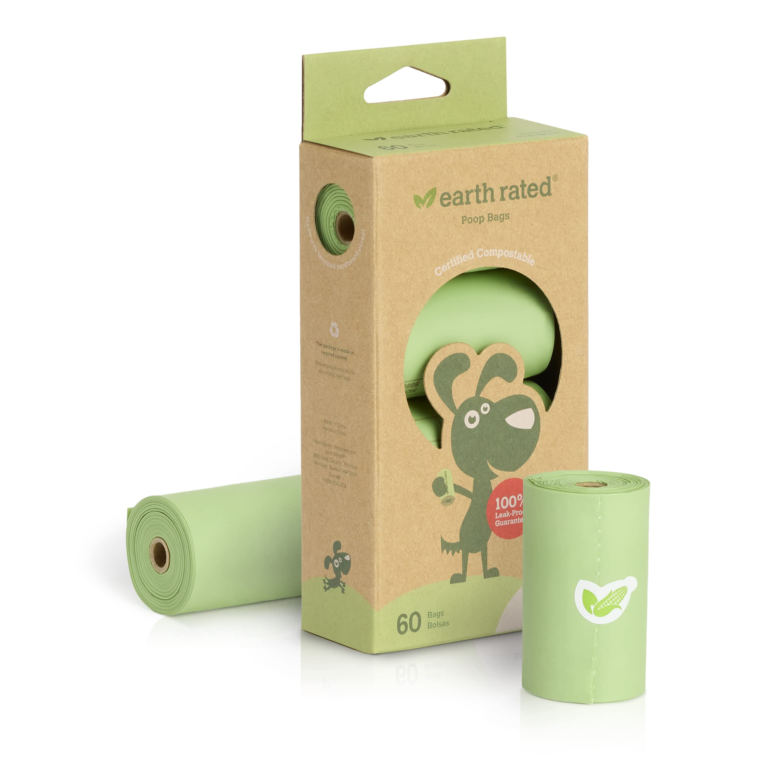 Earth Rated Compostable Dog Poop Bags - 60 Count | Ultra Thick Leak Proof Pet Waste Bags | Unscented Eco-Friendly Poop Bags for Dogs | Perfect for Daily Walks, Park Visits & Backyard Cleanup