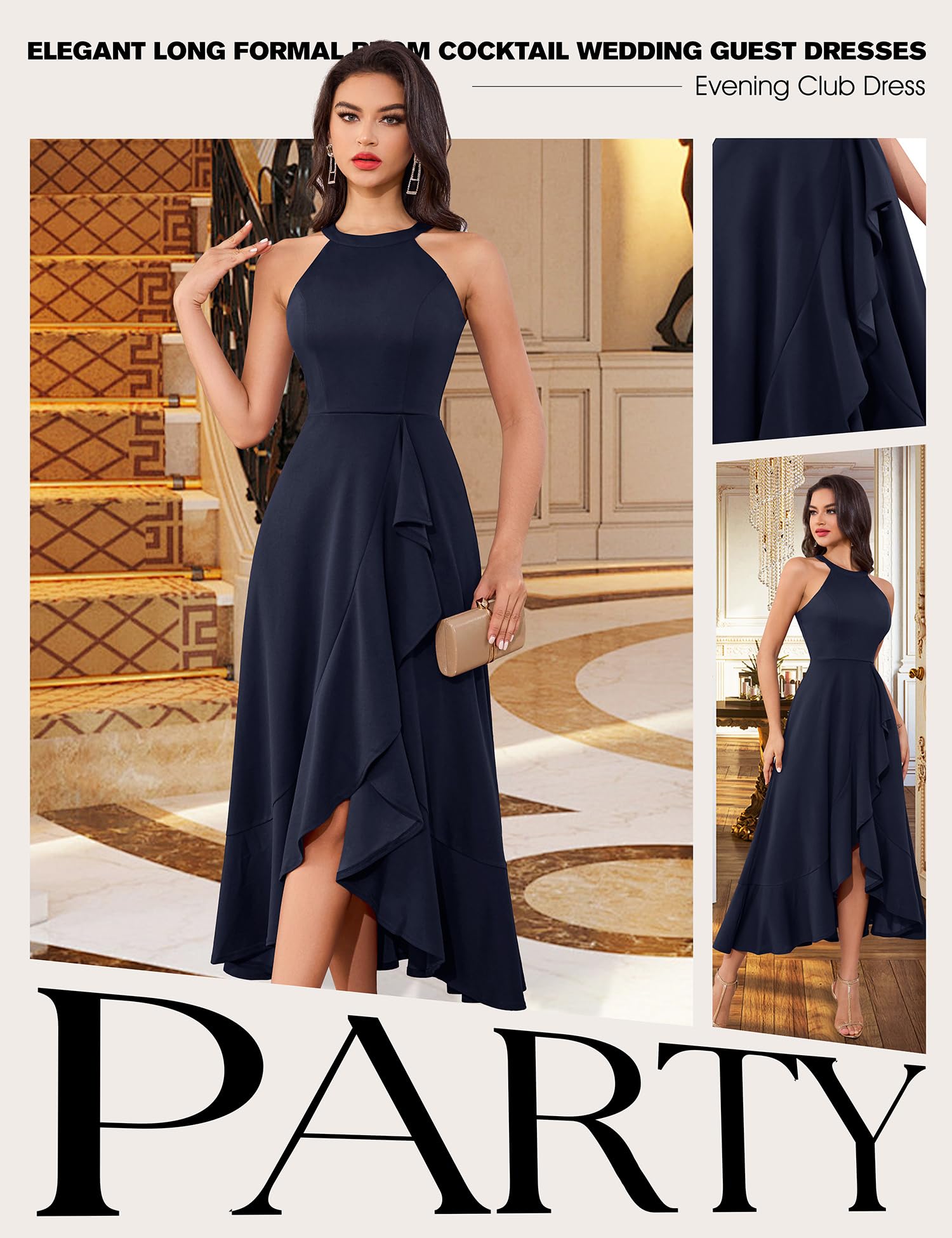 Elegant Women's Halter Neck Split Hem Long Party Dress - Formal Prom, Cocktail, Wedding Guest Maxi Dress for Special Occasions & Evening Events