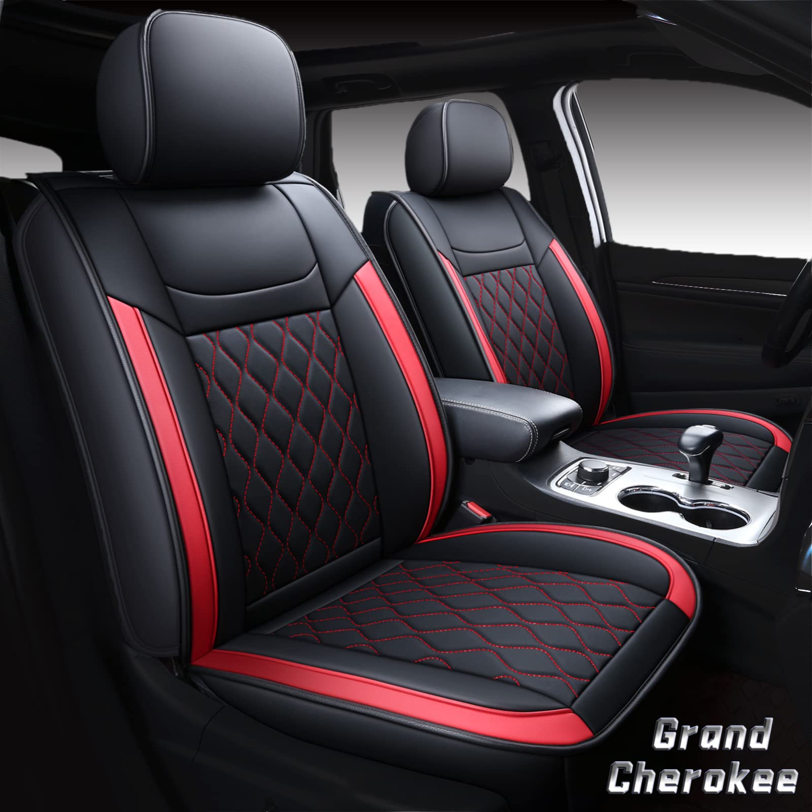 Premium Waterproof Leather Seat Covers for Jeep Grand Cherokee 2011-2022 - Custom Fit 5-Piece Full Set (Black & Red) - Durable Car Seat Protectors for Off-Roading, Daily Commute & Family Road Trips