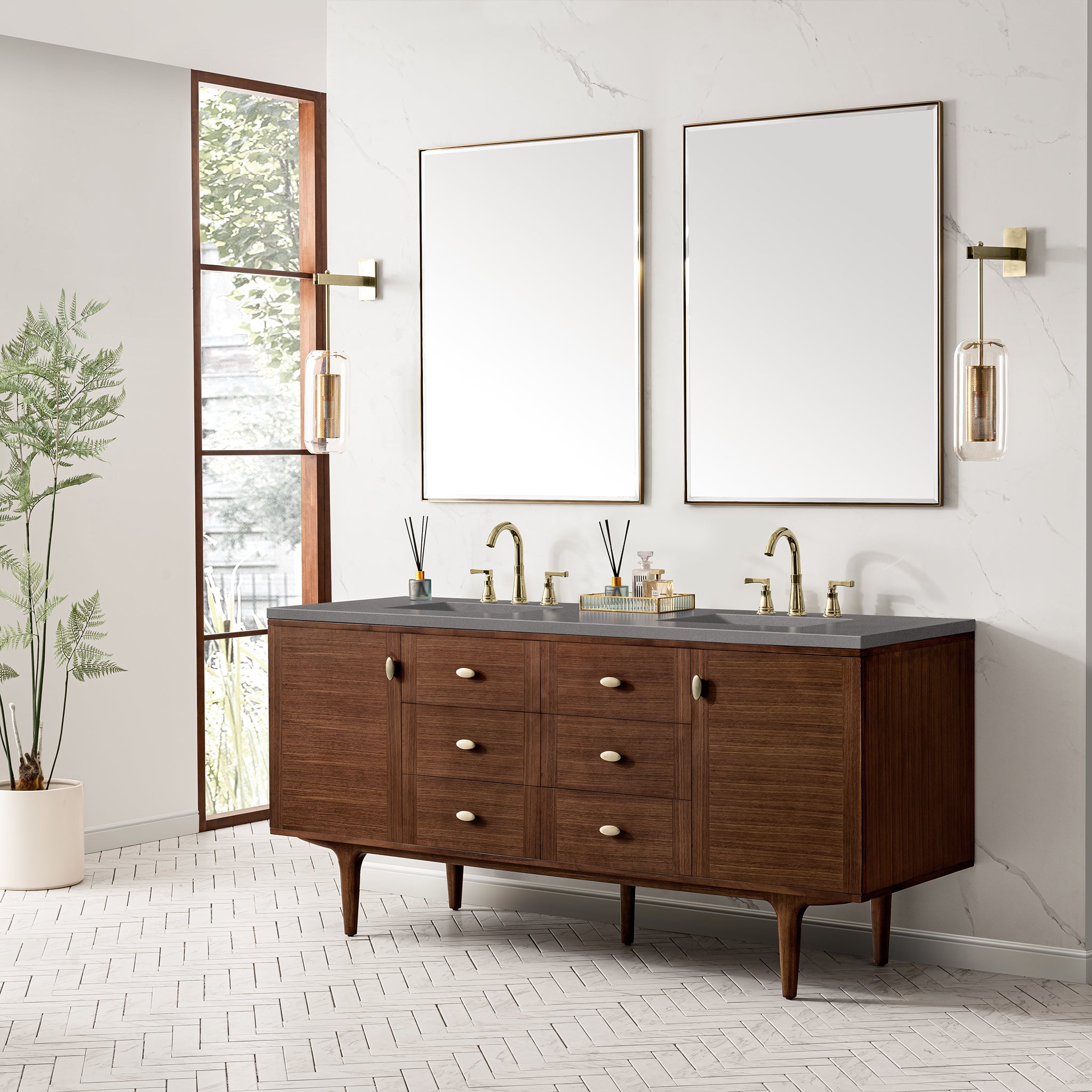 Amberly 72 Inch Double Vanity with 3CM Grey Expo Top - Mid Century Modern Walnut Bathroom Vanity for Master Bath & Guest Bathroom