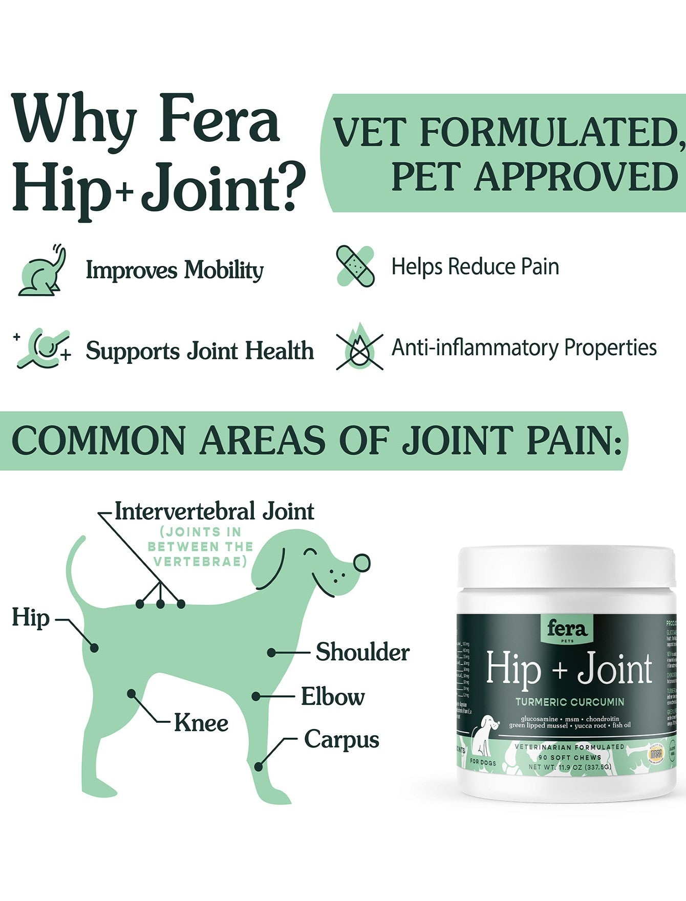 Fera Pet Organics Hips & Joints Supplement for Dogs - 90 Count Soft Chews | Supports Mobility & Joint Health | Great for Senior Dogs & Active Breeds